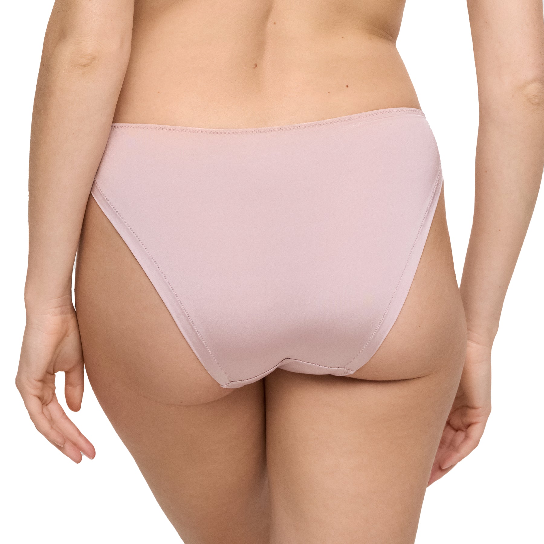Back view of soft mauve thong with smooth, seamless fabric for a clean finish under clothing.