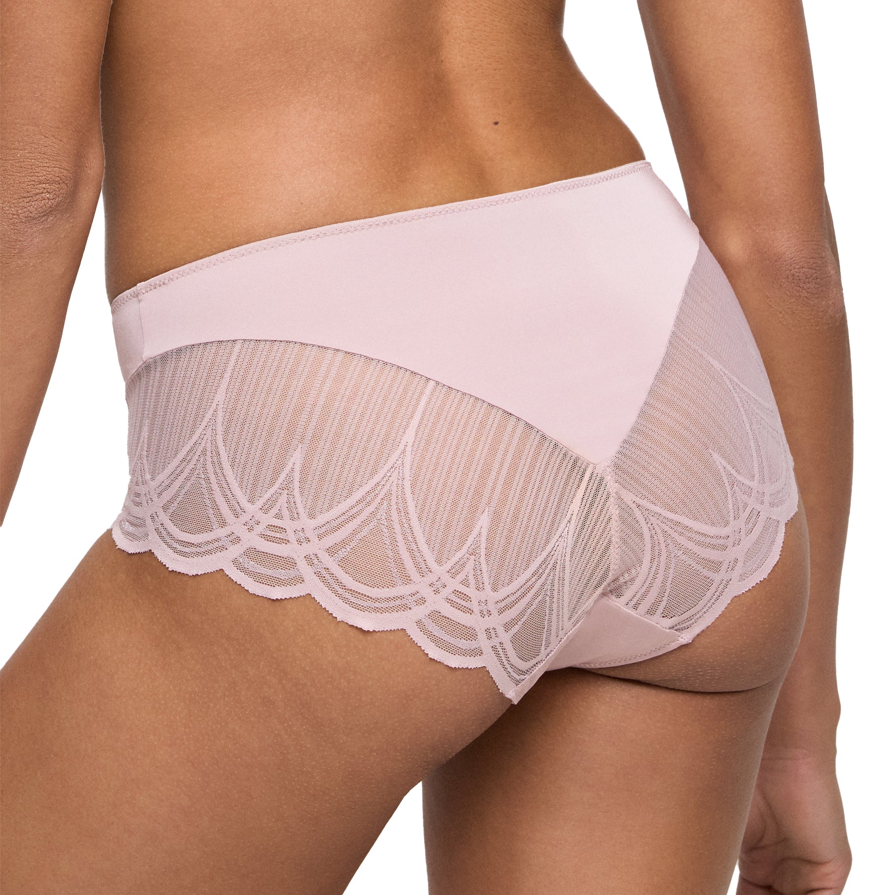 Back angle view of mauve full brief showcasing sheer embroidered mesh and smooth waistband for a flattering fit.