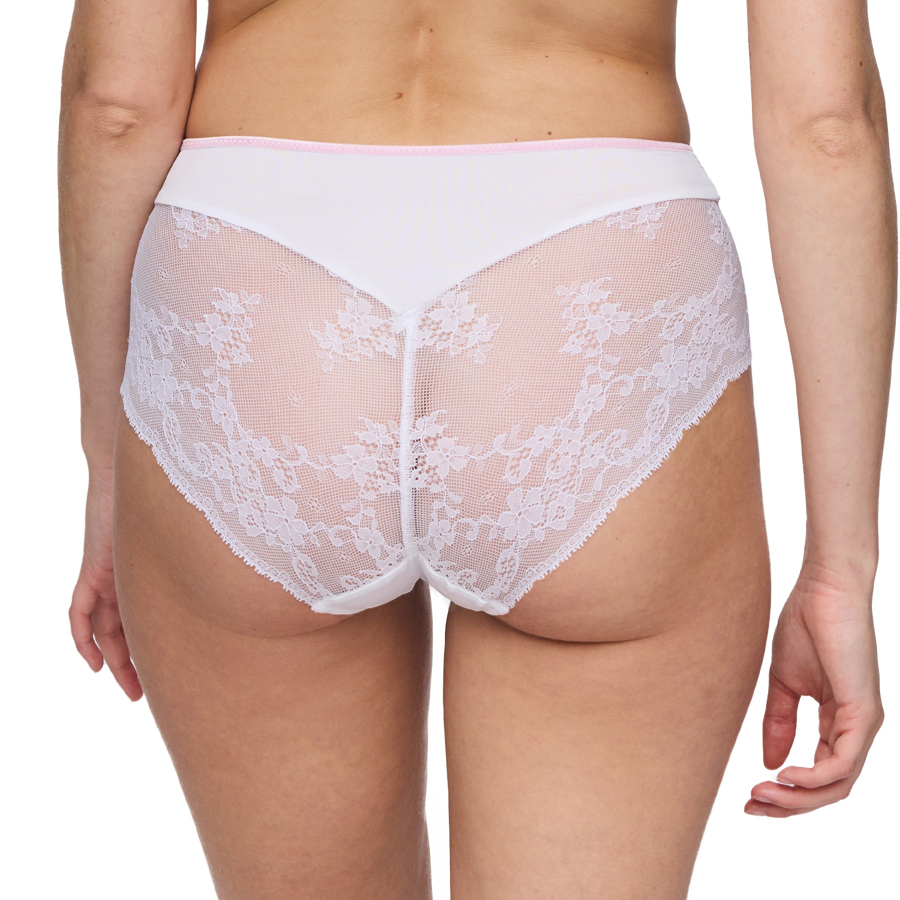 Back view of a woman wearing a high-waisted white lace panty, featuring sheer floral lace detailing for a delicate and feminine look.