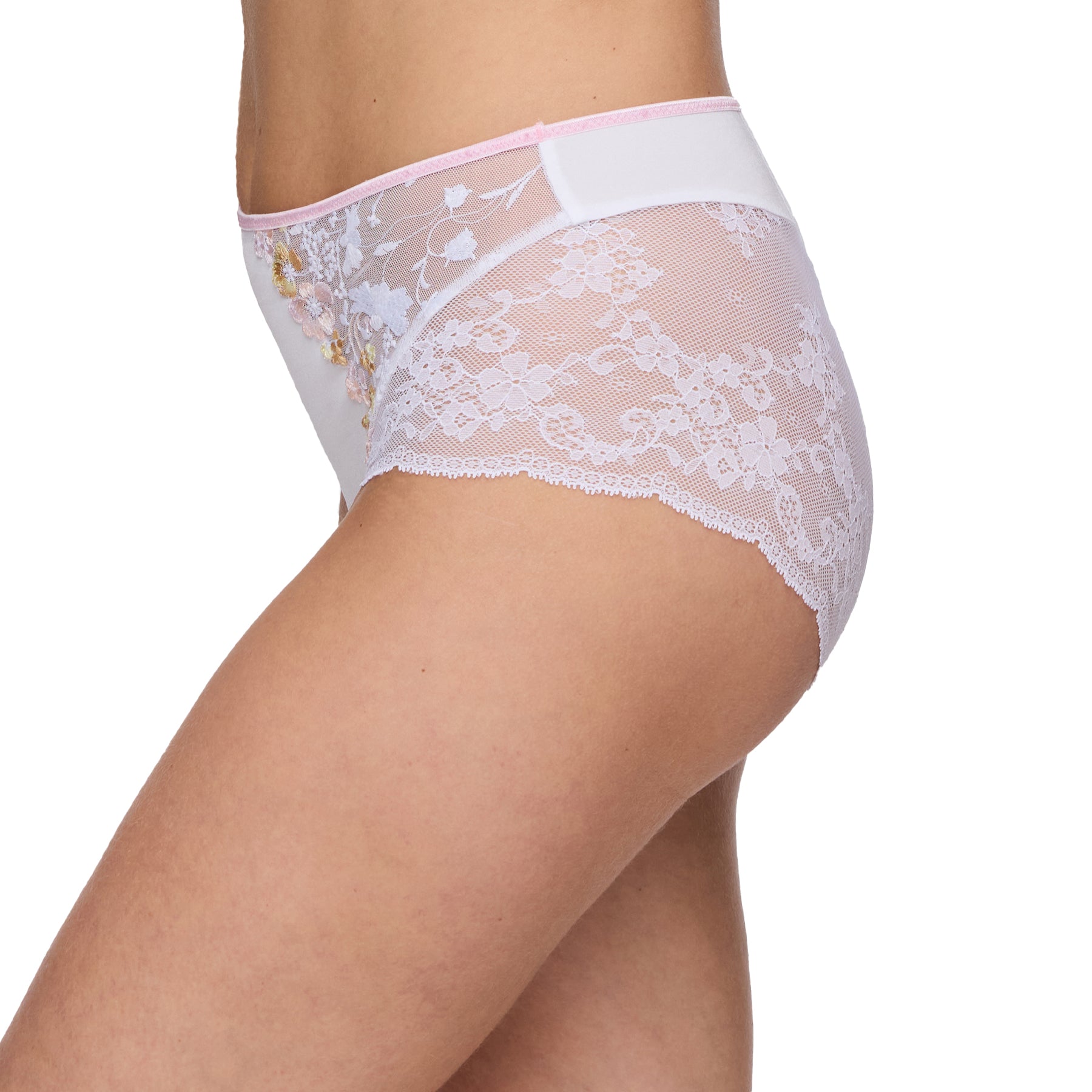 Side view of a woman wearing the high-waisted panty, showing the sheer lace coverage and soft waistband for a flattering fit.