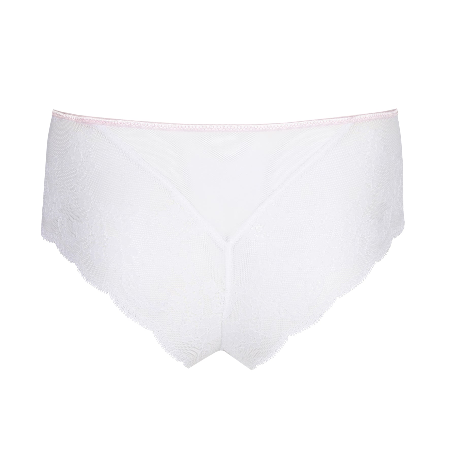 Flat-lay back view of the white lace panty, highlighting the sheer lace coverage and delicate scalloped edges.
