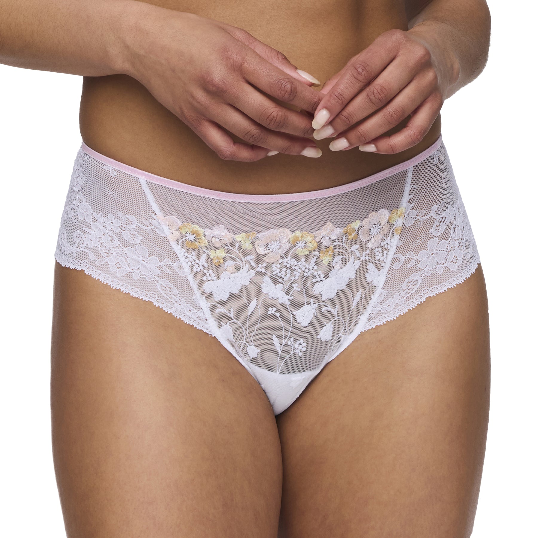 Close-up front view of a model wearing the embroidered lace panty, showing intricate floral embroidery and sheer lace details.
