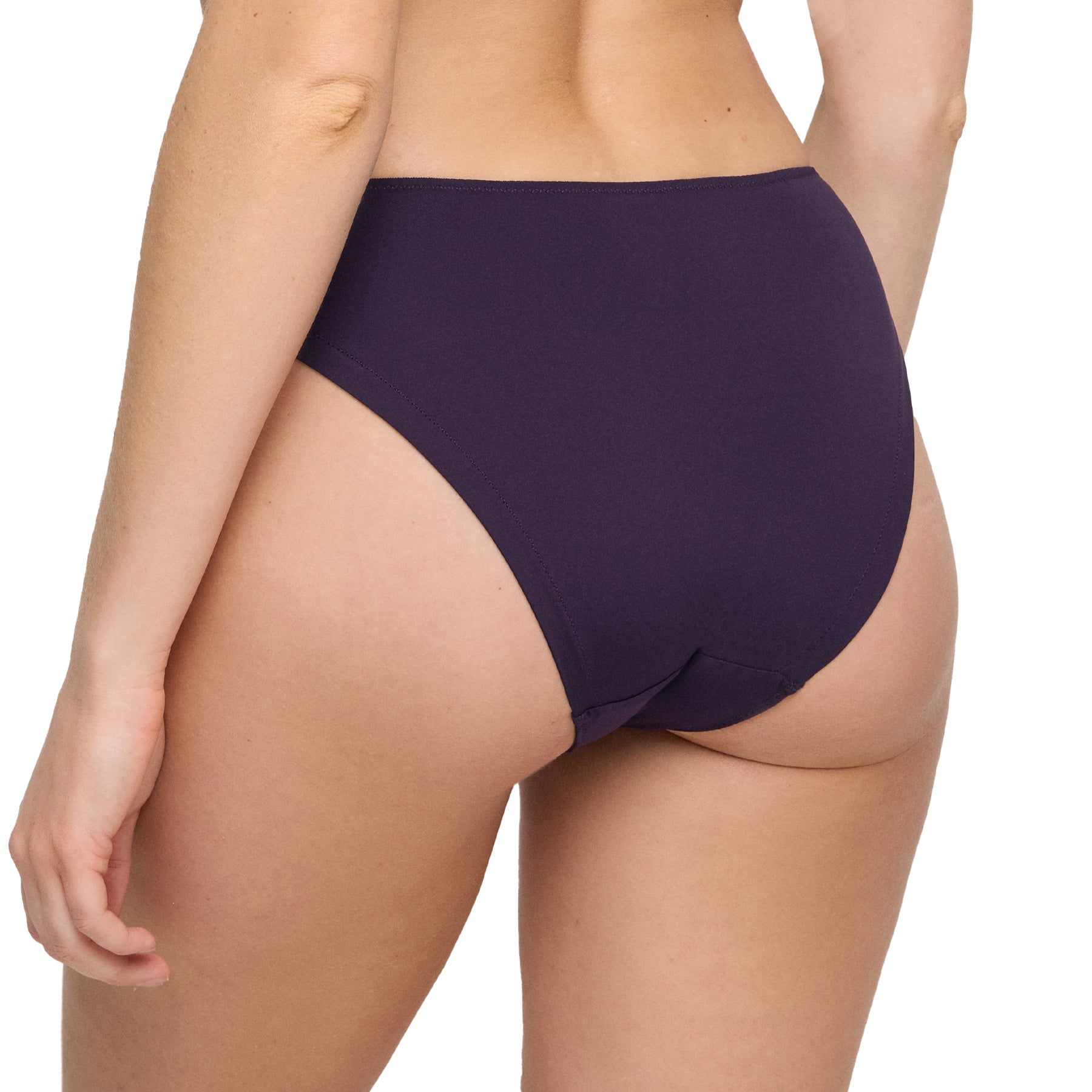 Front view of plum thong with sheer mesh V-panel and vibrant floral embroidery in pink, green, and lavender