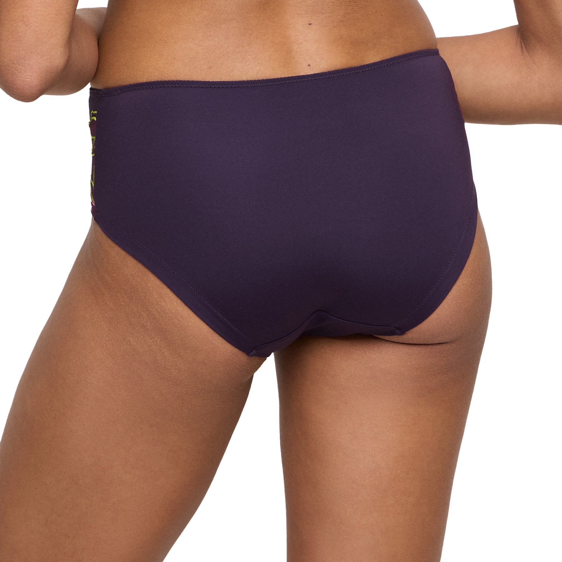 Back view of plum high-waisted brief with smooth seamless finish and full coverage