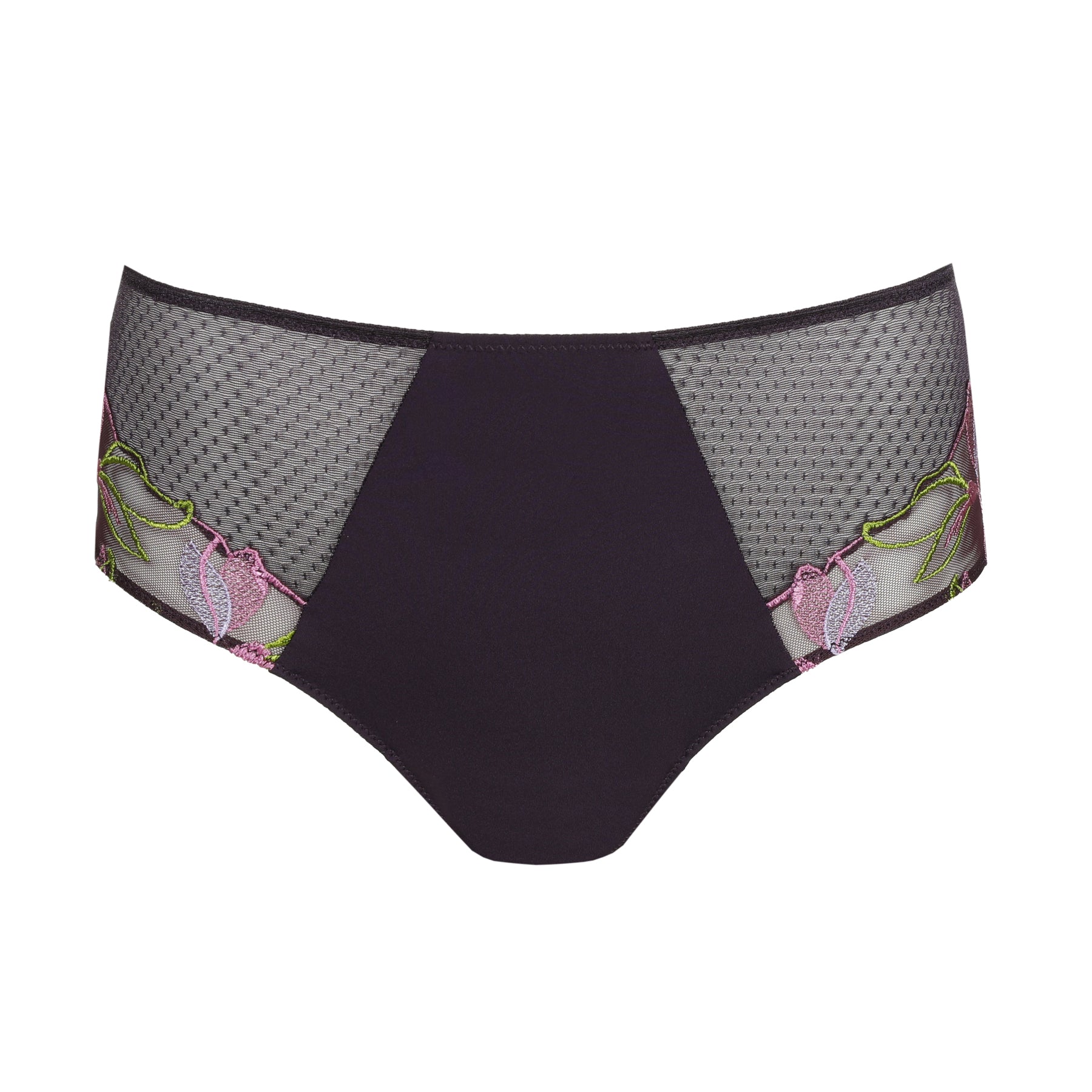 Flat lay of plum high-waisted brief featuring mesh side panels and bright floral embroidery in pink, green, and lavender