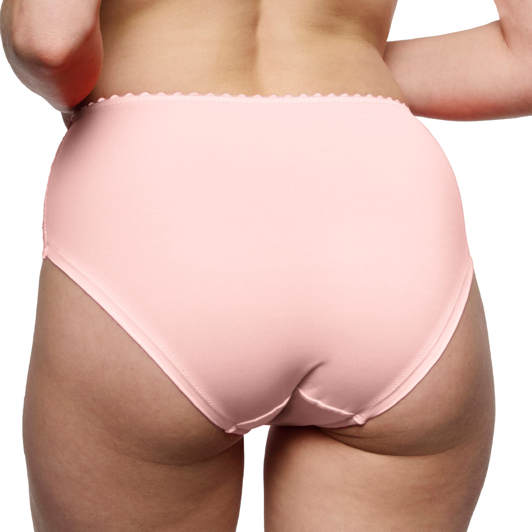 Back view of a blush pink full brief with smooth microfiber fabric, full coverage, and a soft stretch fit for everyday comfort.