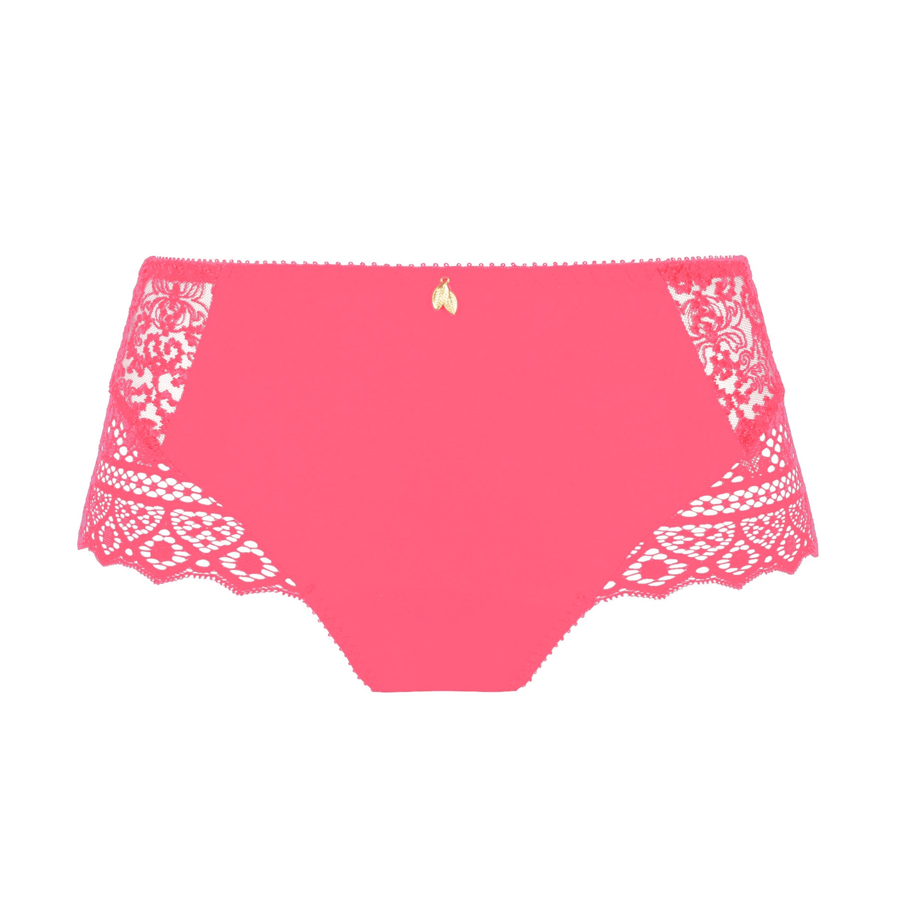 Front view of electric pink high-waist lace brief with smooth opaque front panel and decorative gold charm