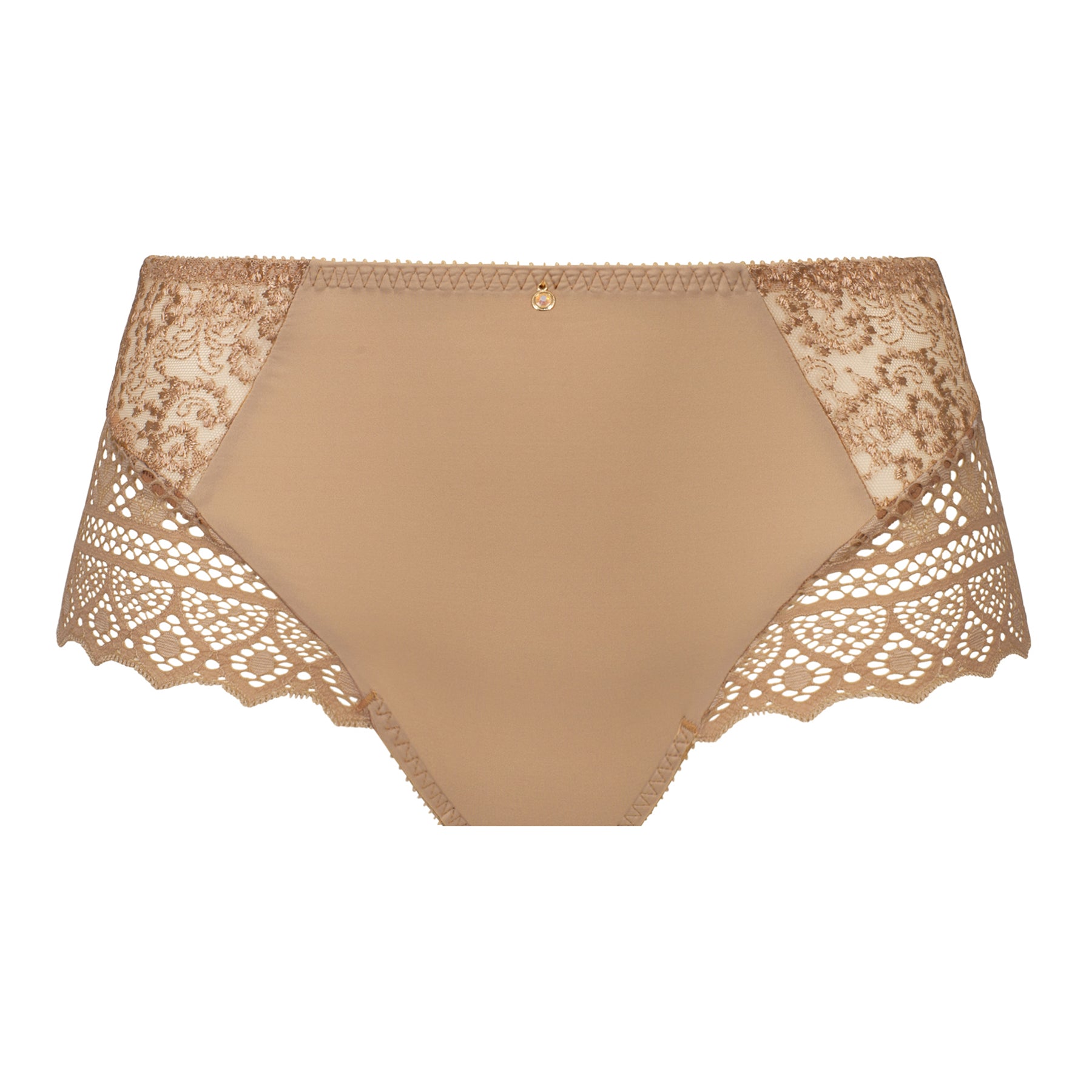 Empreinte Cassiopée Full Brief in Gold featuring a flattering full-coverage silhouette, smooth opaque front panel, embroidered lace inserts, and delicate jewel detail at the waistband.