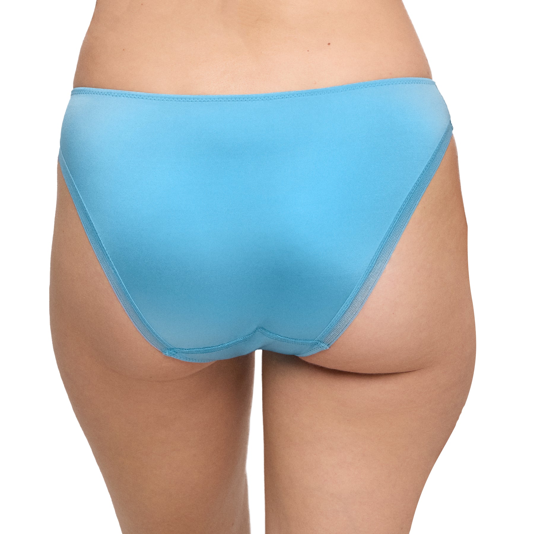 Back view of a woman wearing a light blue bikini panty with moderate coverage and smooth, satin-like fabric.
