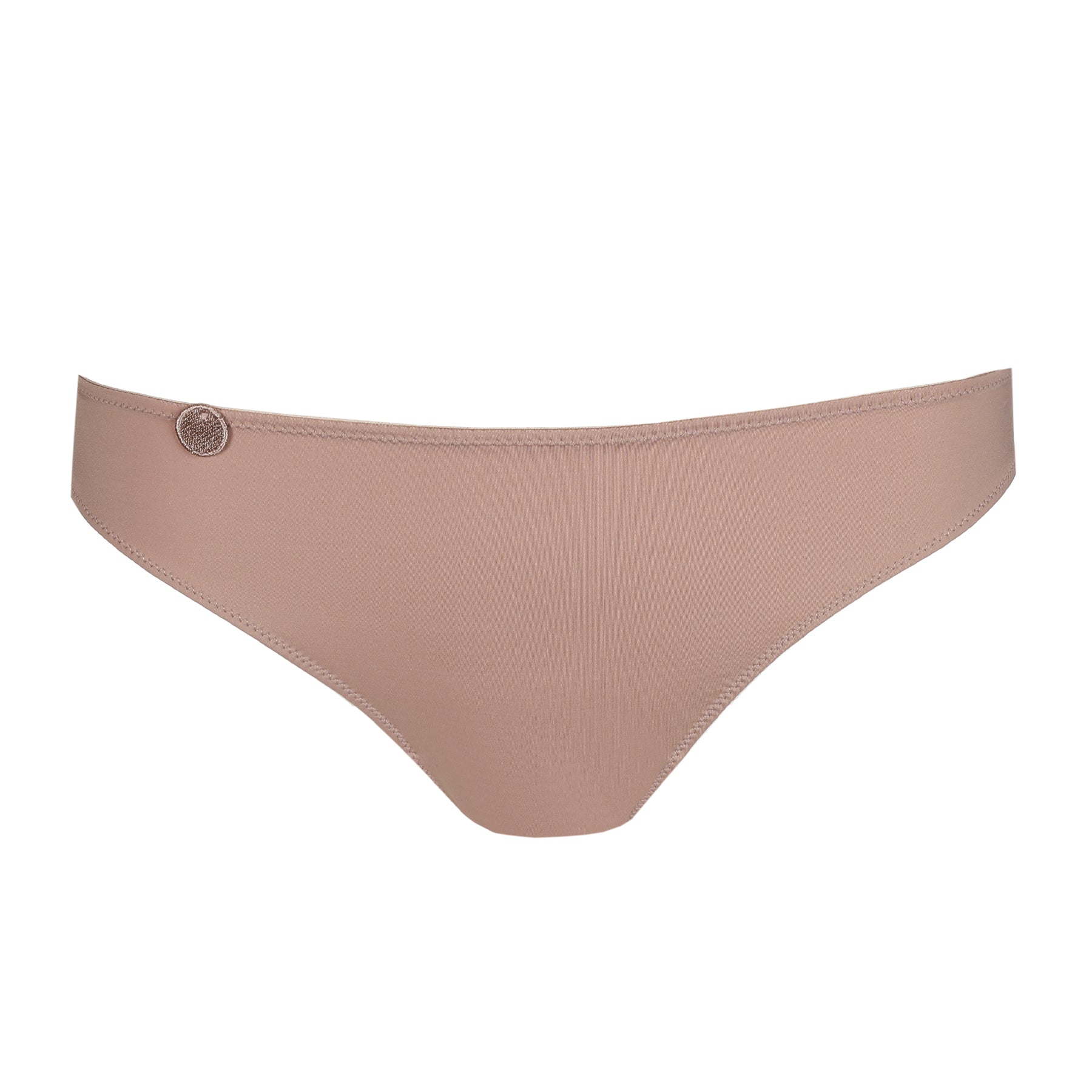 Smooth low-rise cosmetic nude bikini panty front view with subtle decorative accent and clean edges.