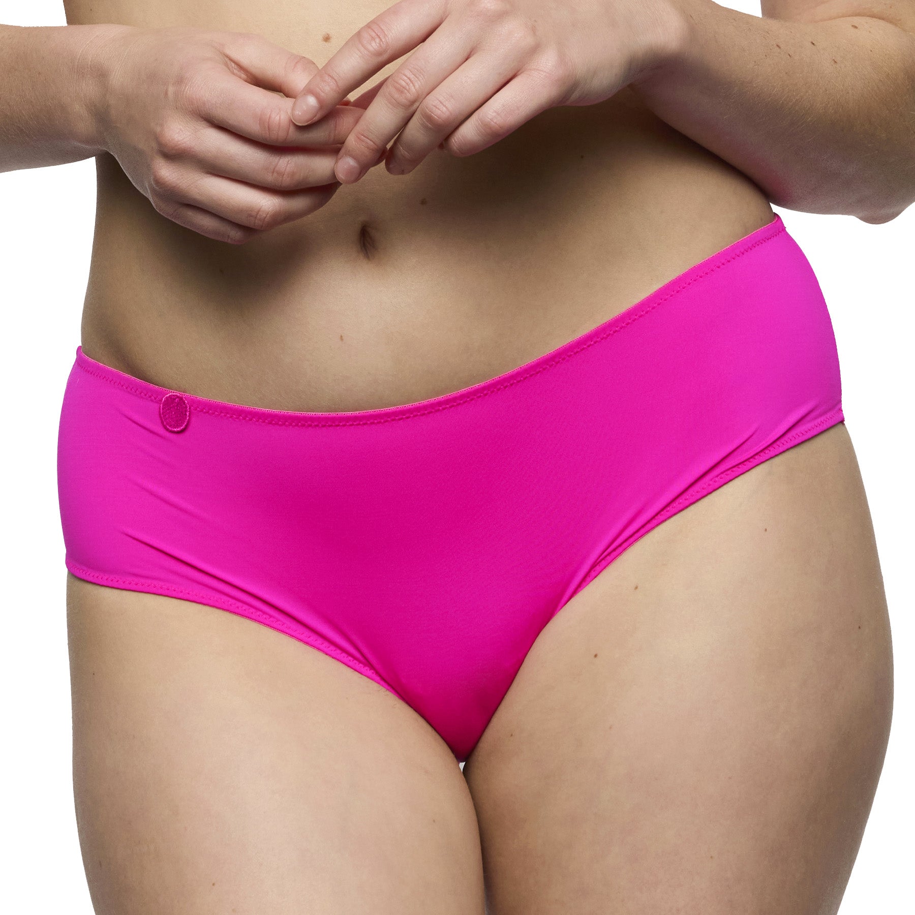 Front view of influencer pink hipster brief featuring a flattering mid-rise cut and soft, second-skin feel