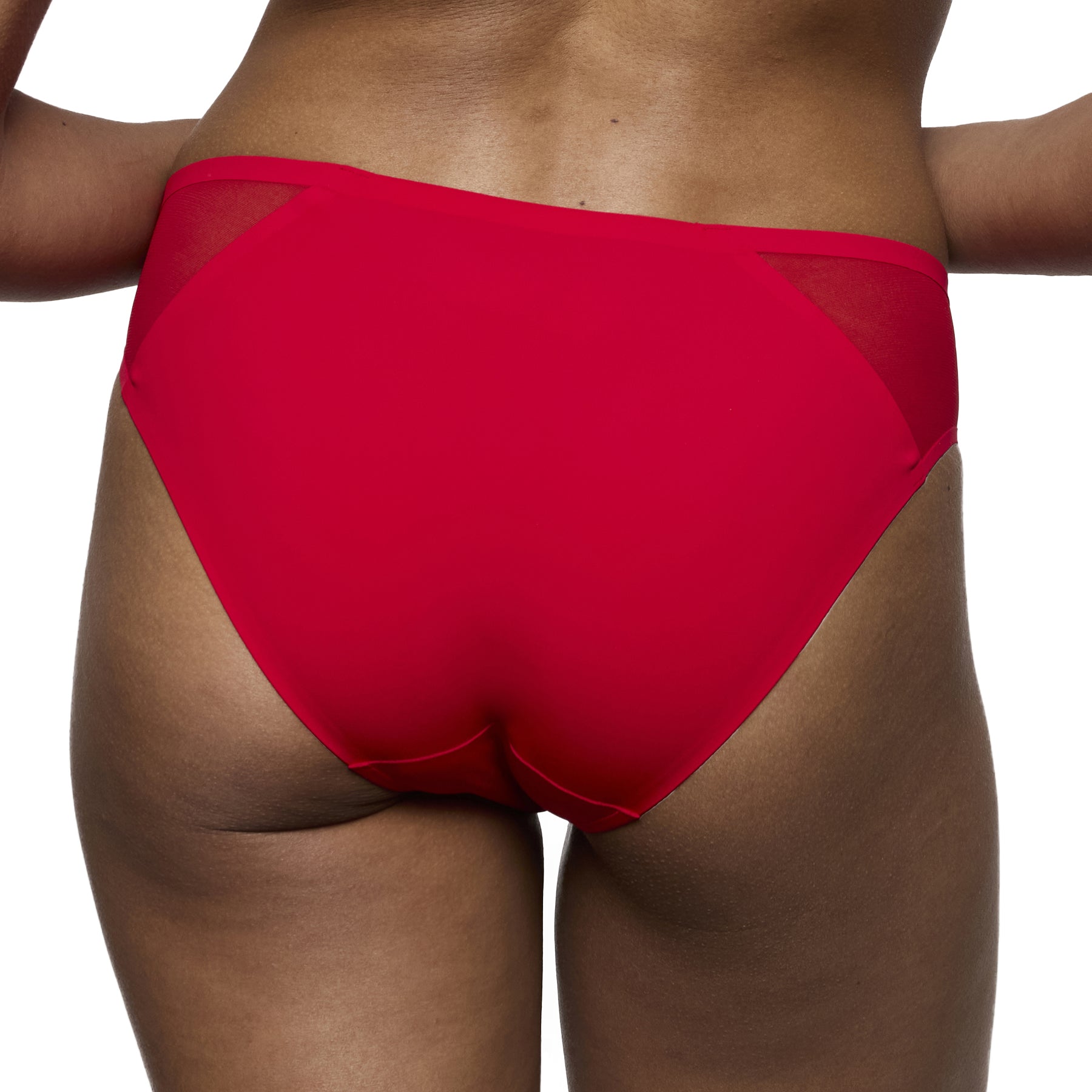 Red high-waisted bikini bottom on a white background