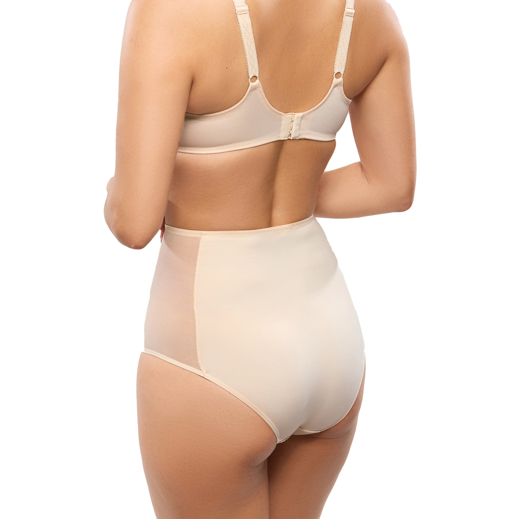 A back view of a model wearing the high-waisted panty and bra set, revealing a seamless finish and supportive fit.