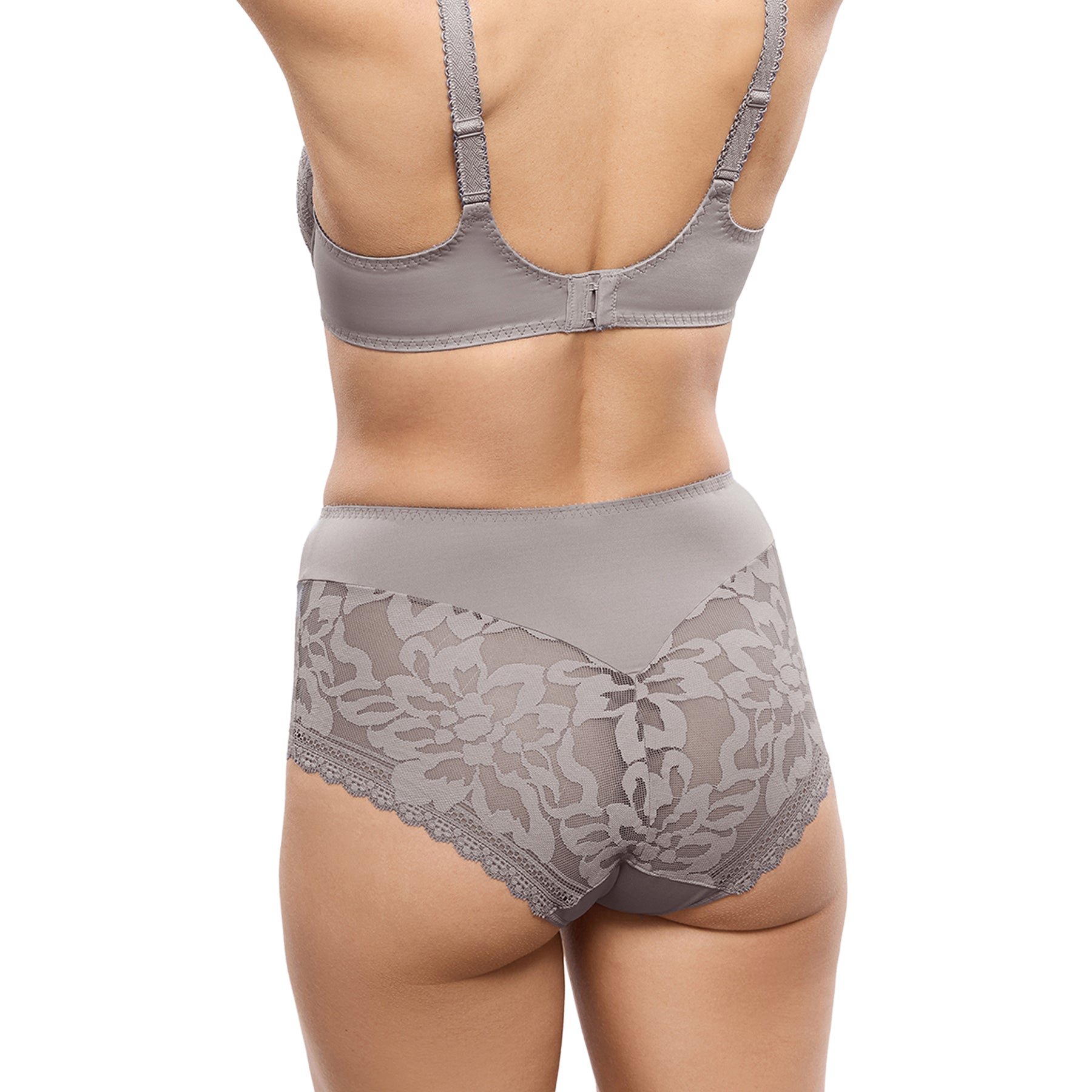 Back view of the Empreinte Leia full brief in Platinum highlighting full rear coverage, elegant sheer floral lace, a smooth supportive waistband, and delicate lace edging for a comfortable, seamless finish.