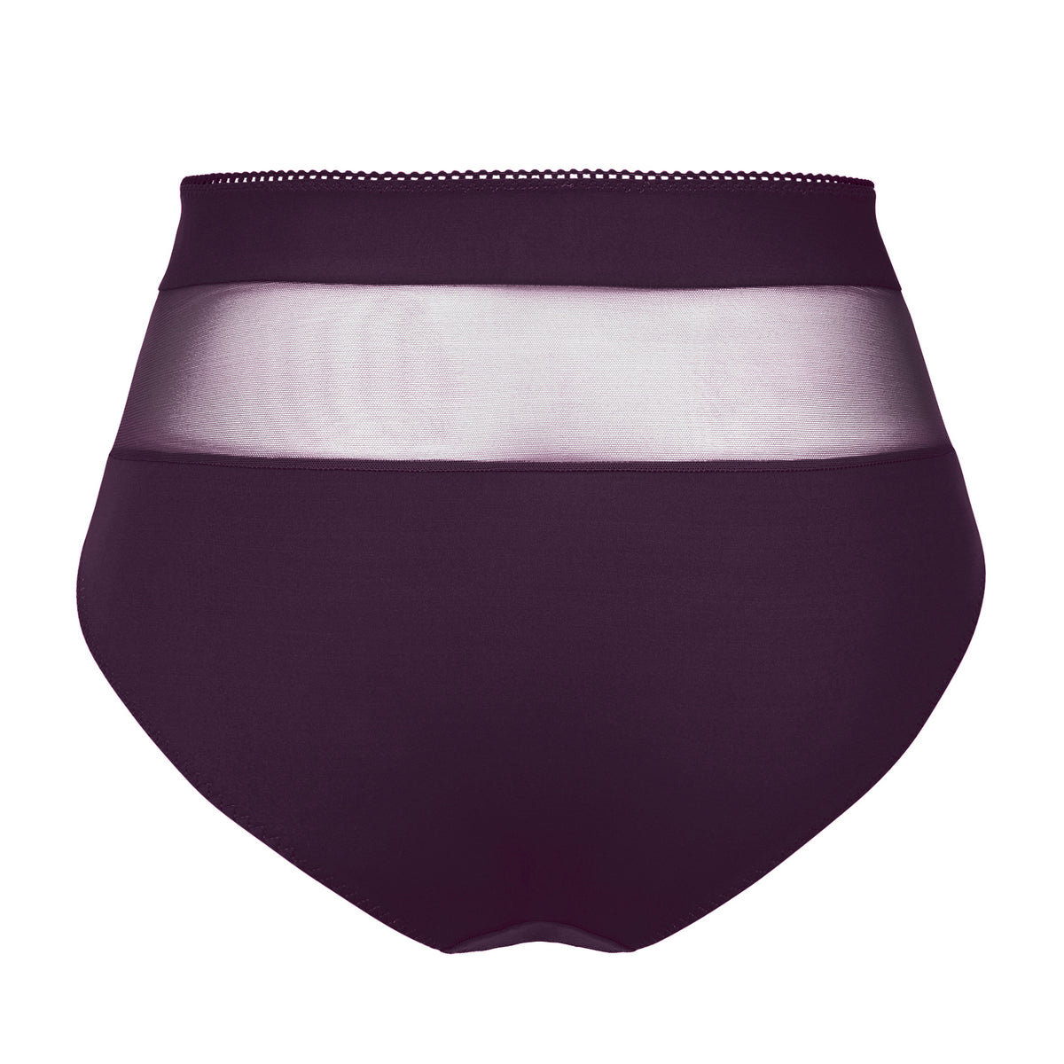 Back view of amethyst purple high-waist panties with a sheer mesh waistband and smooth full-coverage fabric.