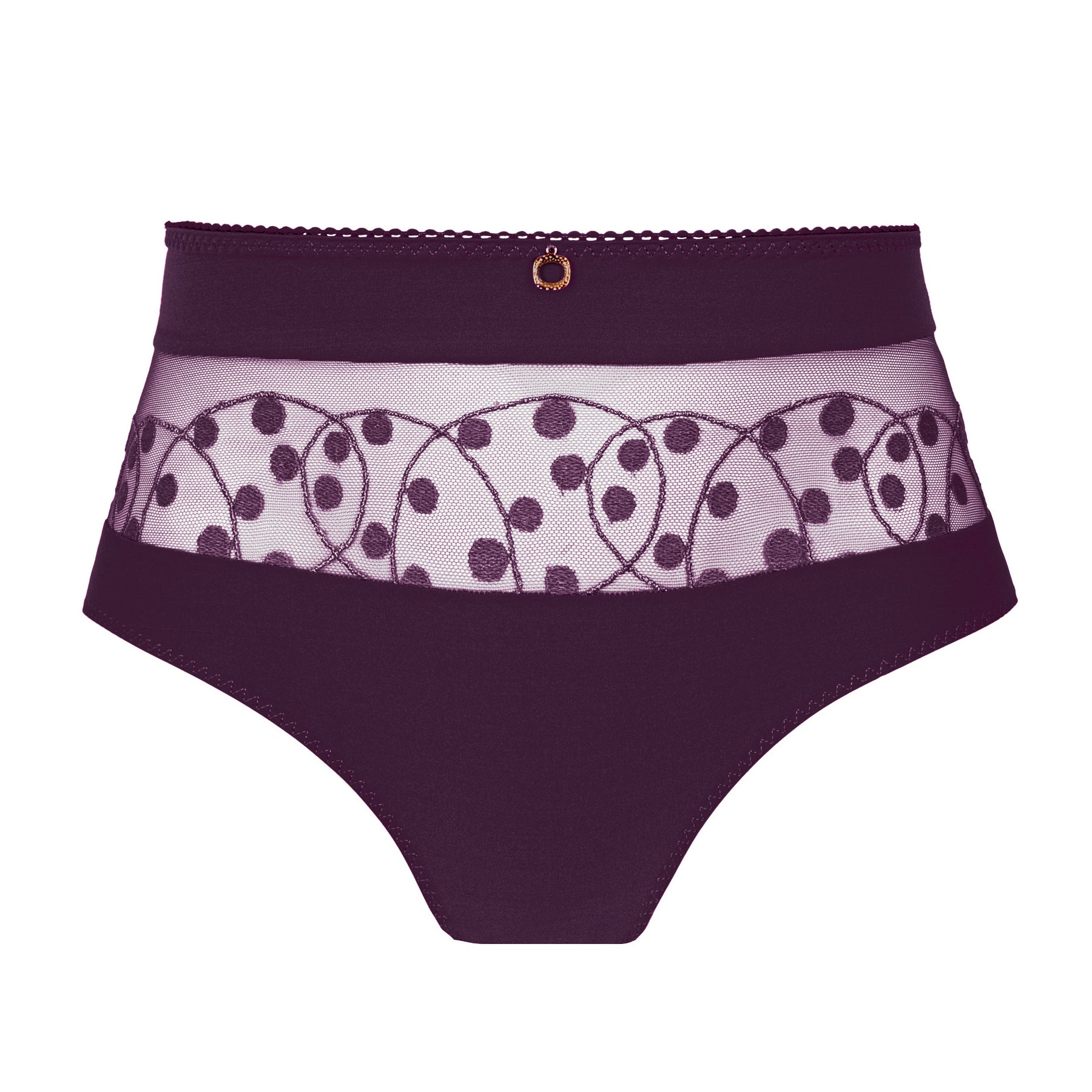 A pair of women's high-waisted briefs in deep plum purple, featuring a sheer mesh band with a purple polka-dot and loop pattern, and a small gold ring detail at the center front.