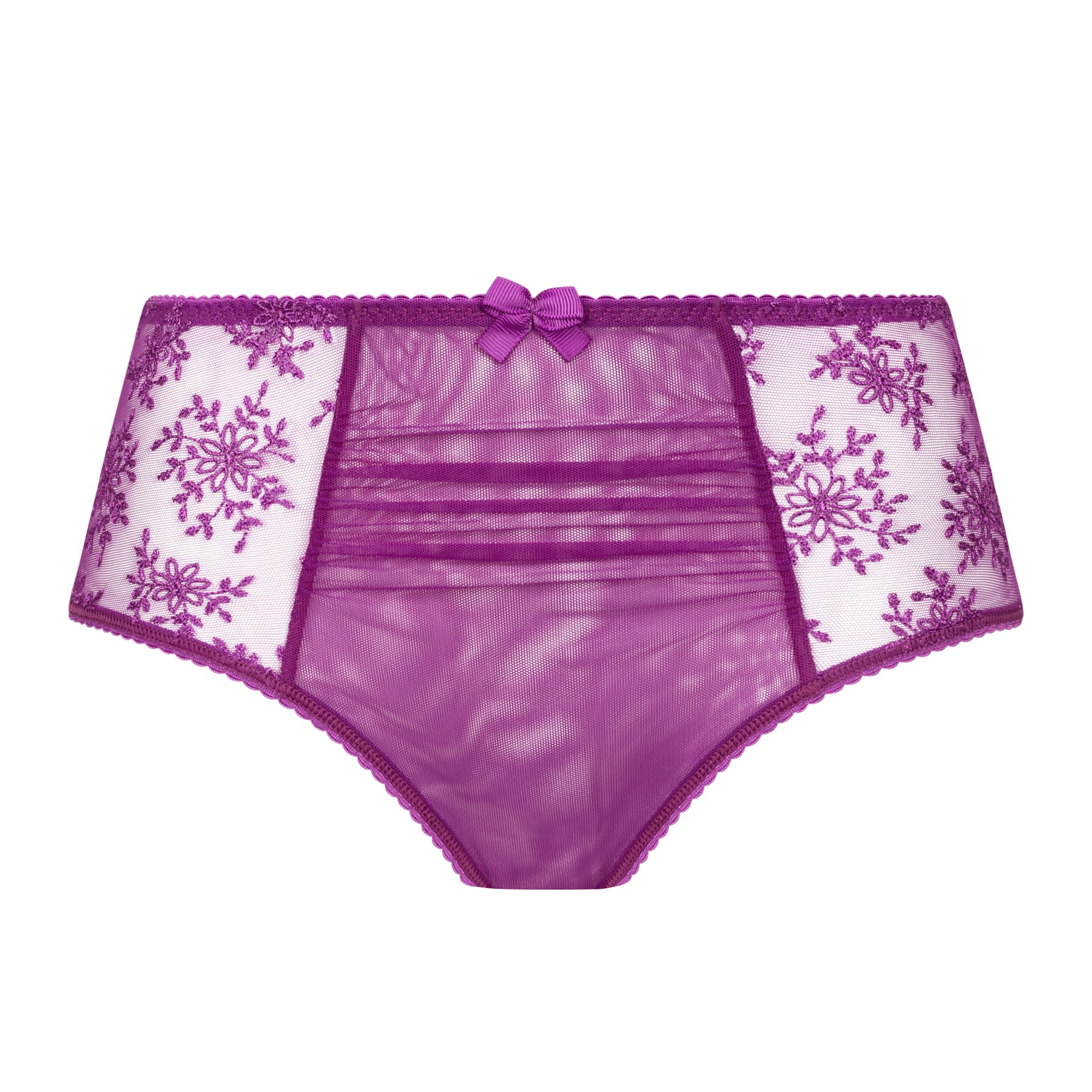Empreinte Dahlia full brief in purple featuring embroidered floral lace sides and pleated mesh front