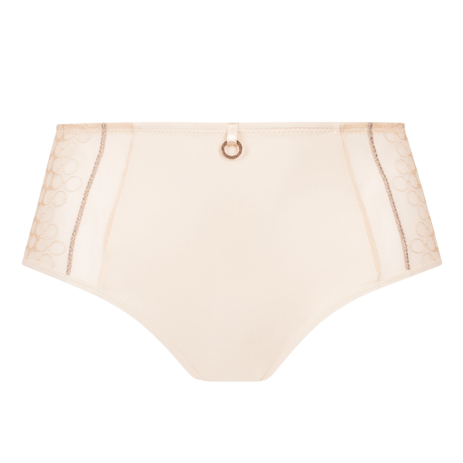 Front view of Empreinte Infinity full brief in creamy beige with embroidered lace inserts, soft opaque centre panel, and elegant ring detail.