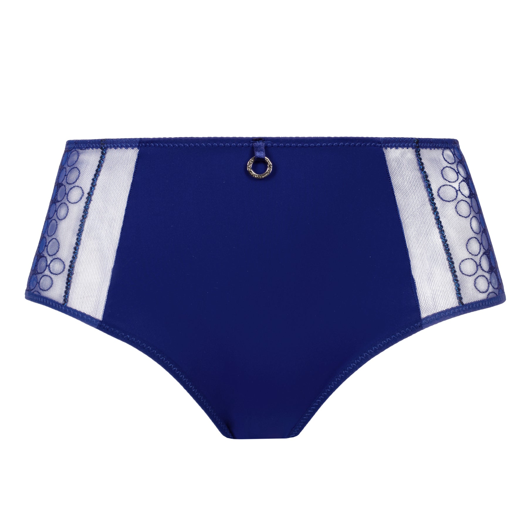 Front view of Empreinte Infinity full brief in sapphire blue with elegant embroidered lace sides, sheer accents, and signature ring detail.