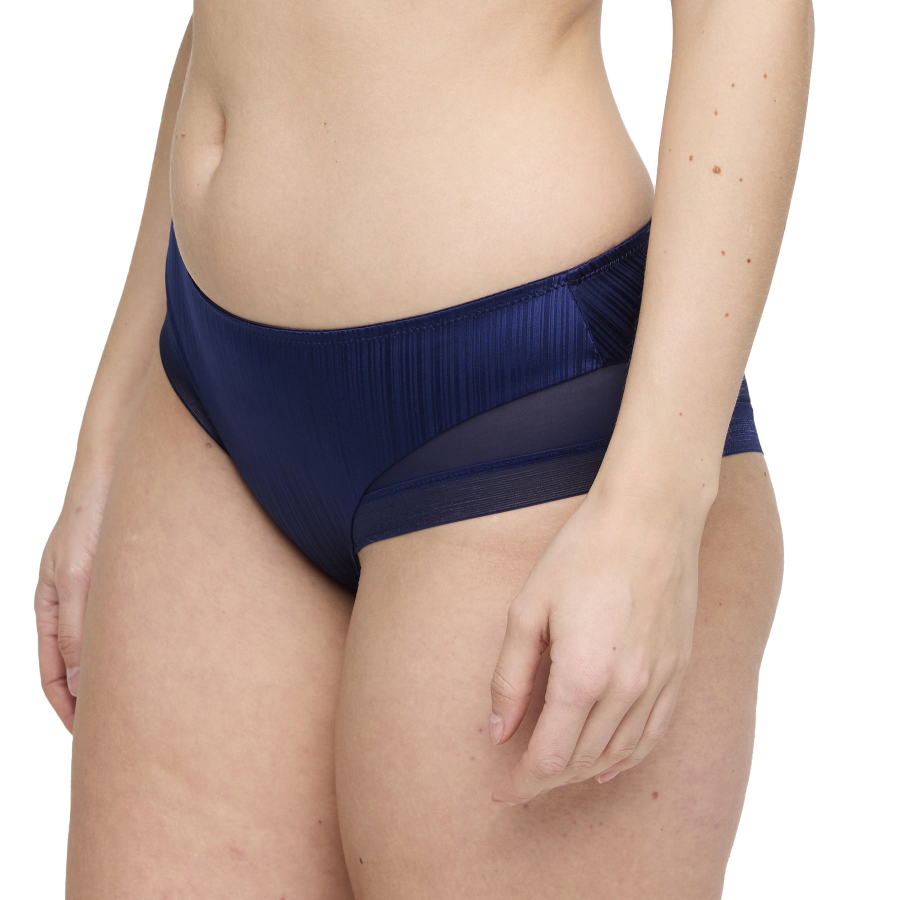 Side view of sapphire blue panties with pleated satin finish and sheer mesh panels.