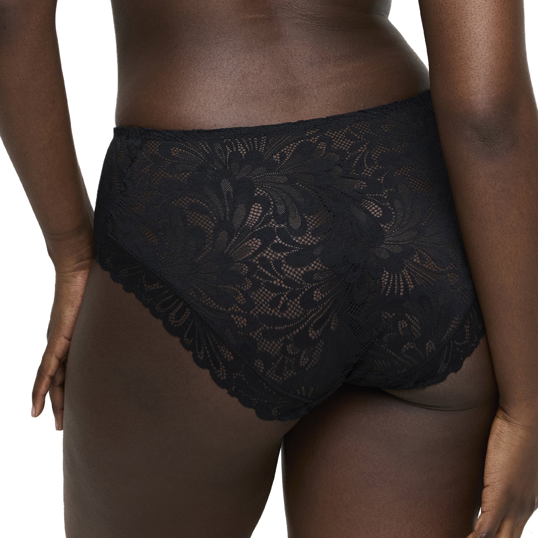 Close-up of black lace high-waist brief on model, back view with scalloped lace trim.