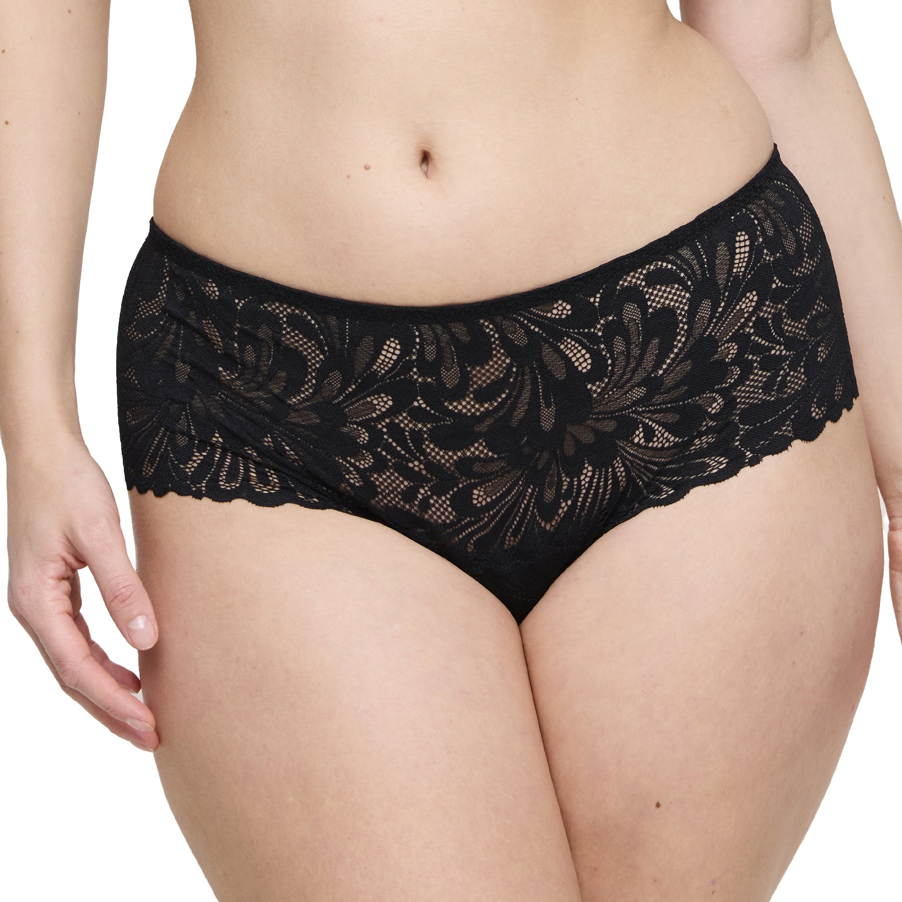 Side view of black lace panties featuring sheer floral lace and soft scalloped edges