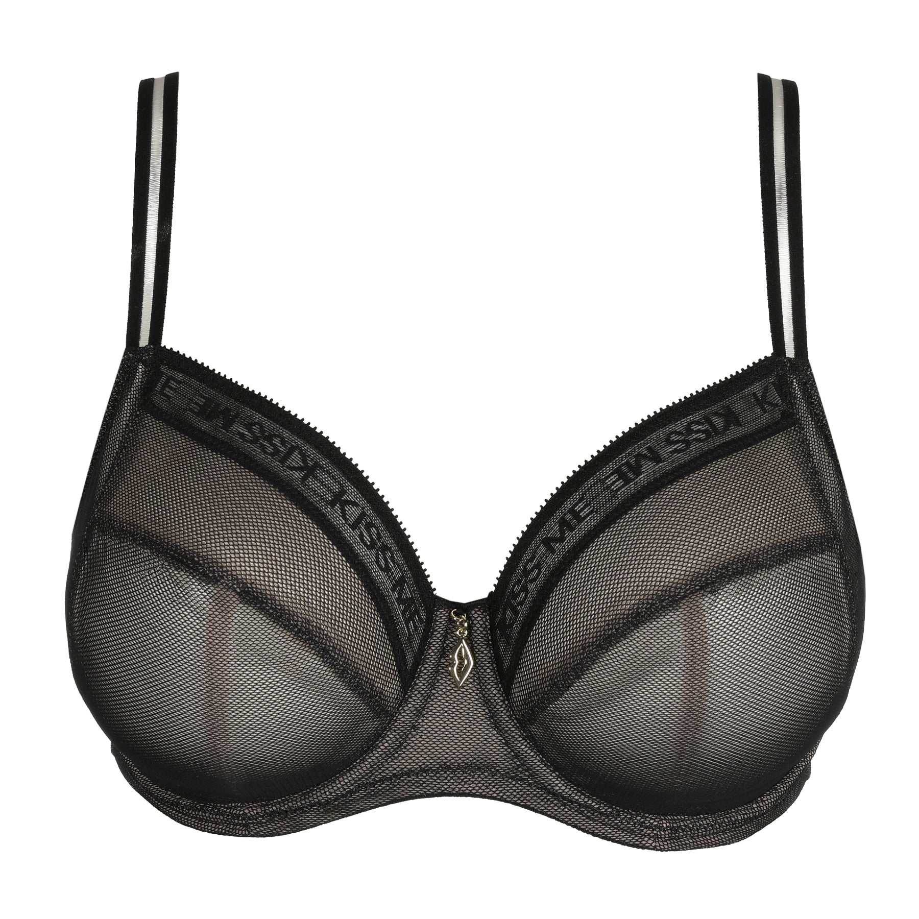 Front view of a black underwired bra featuring sheer mesh cups, graphic band detailing, and slim adjustable straps.