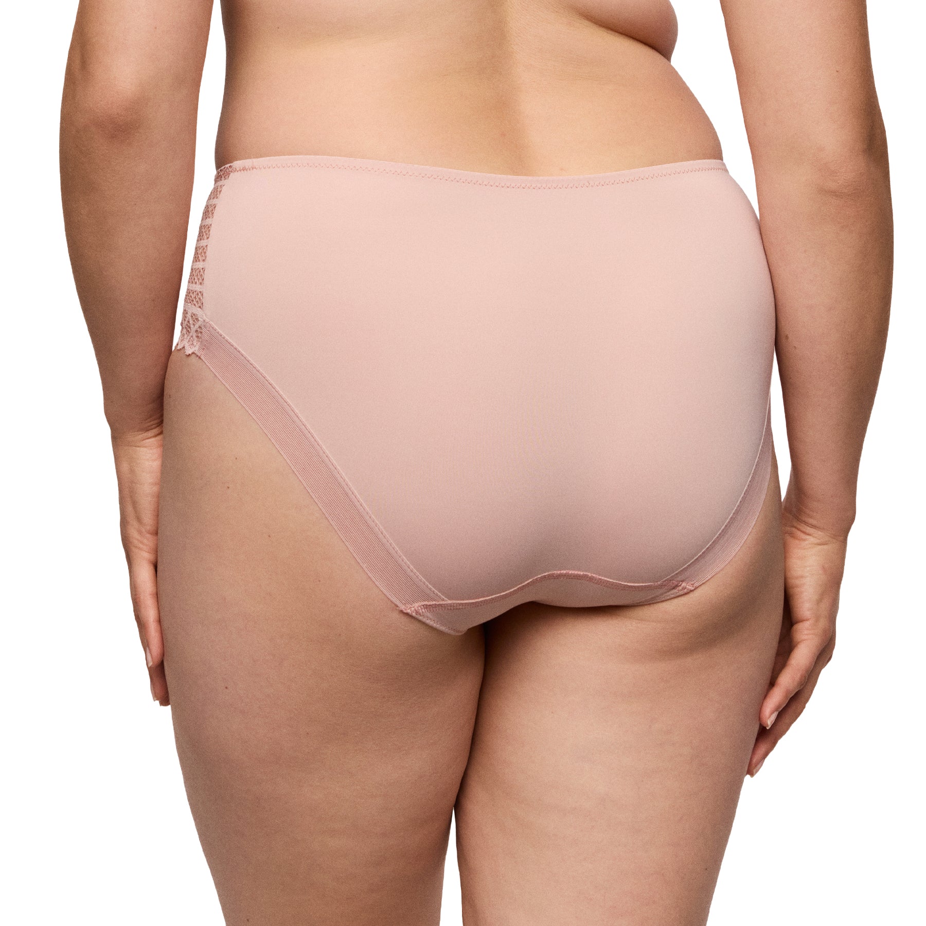 Back view of PrimaDonna full brief in Powder Rose featuring a smooth microfiber back with delicate geometric lace side panels for a seamless, comfortable fit.
