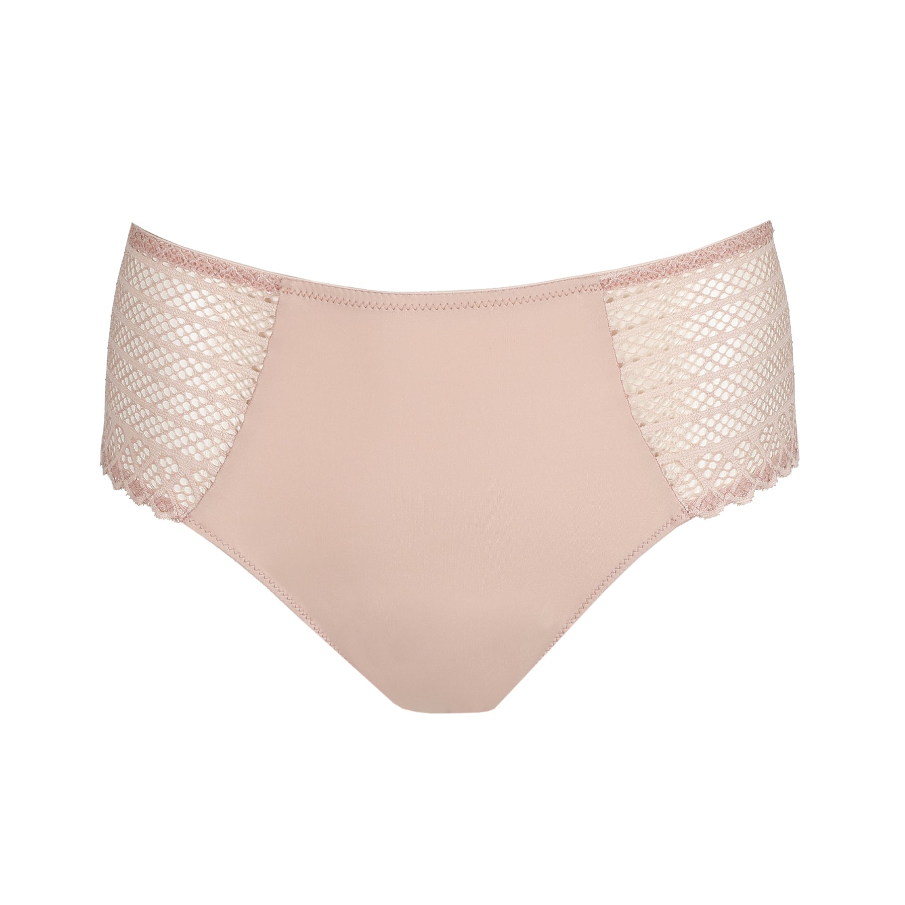 Front flat lay of PrimaDonna full brief in Powder Rose with a smooth microfiber front and geometric stretch lace side panels finished with scalloped edges.