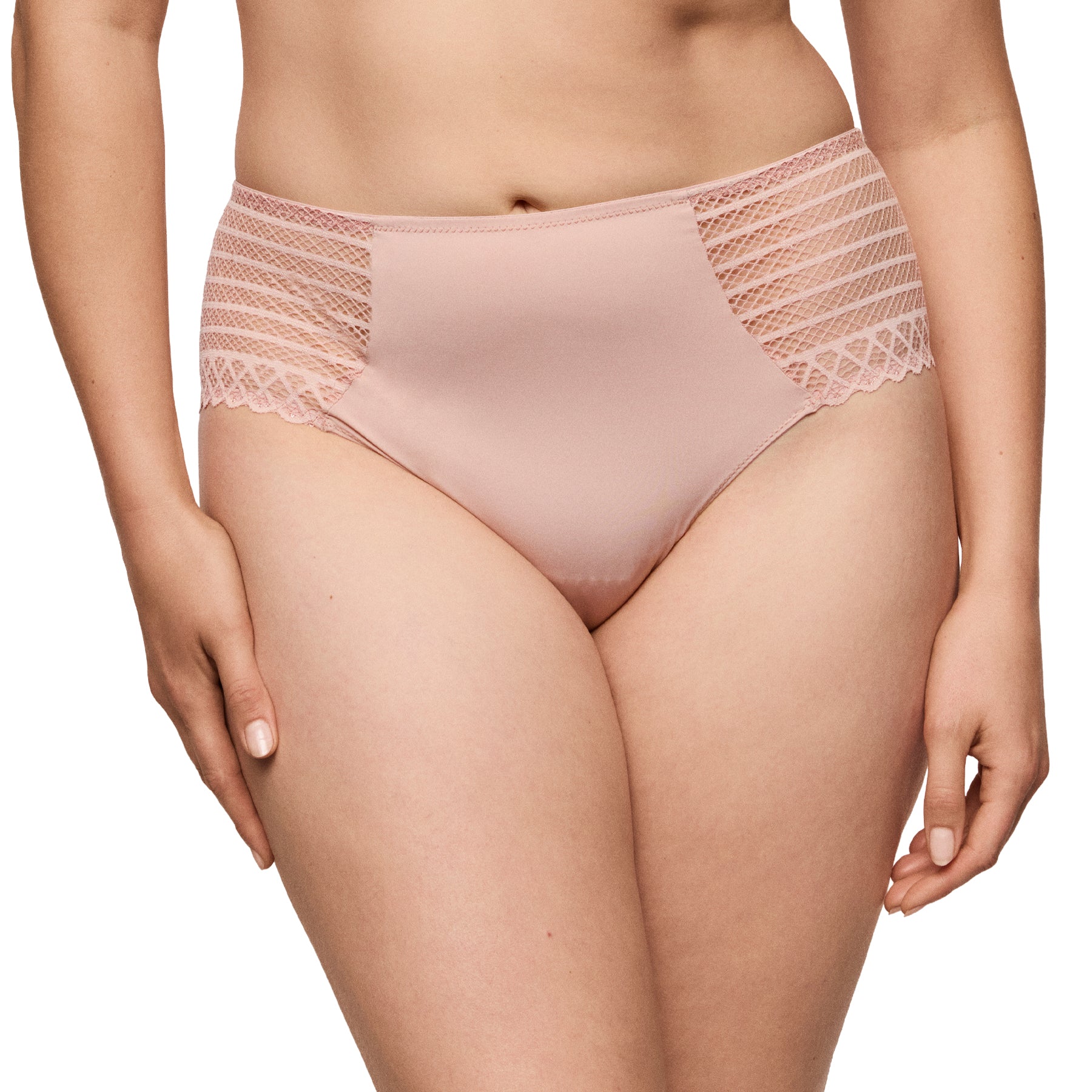 Front view of PrimaDonna full brief in Powder Rose with a full-coverage silhouette, silky microfiber front, and elegant geometric lace side panels.