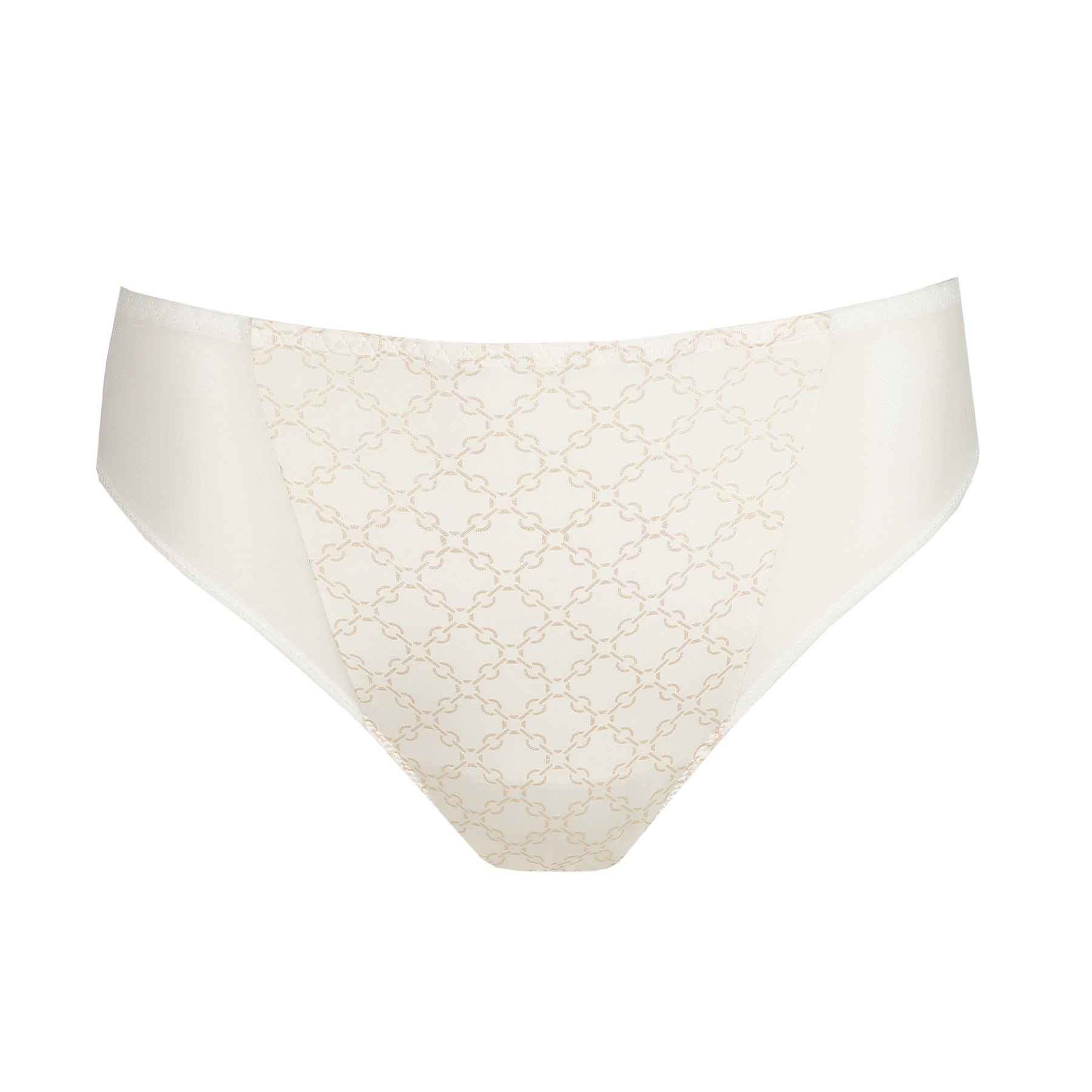 Cream bikini underwear front view with subtle chain print panel and soft sides