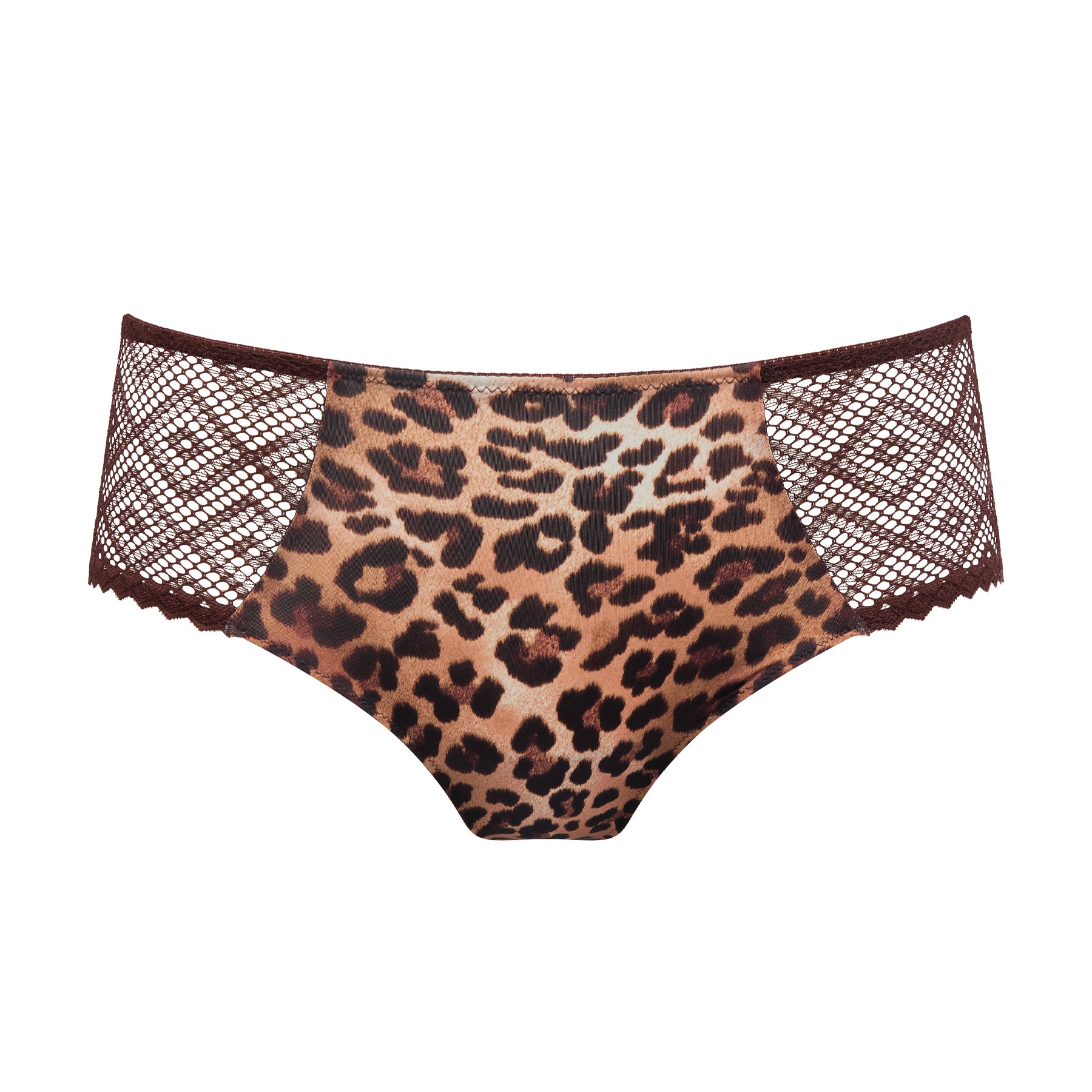 Leopard print brief with dark brown geometric lace side panels on a white background.