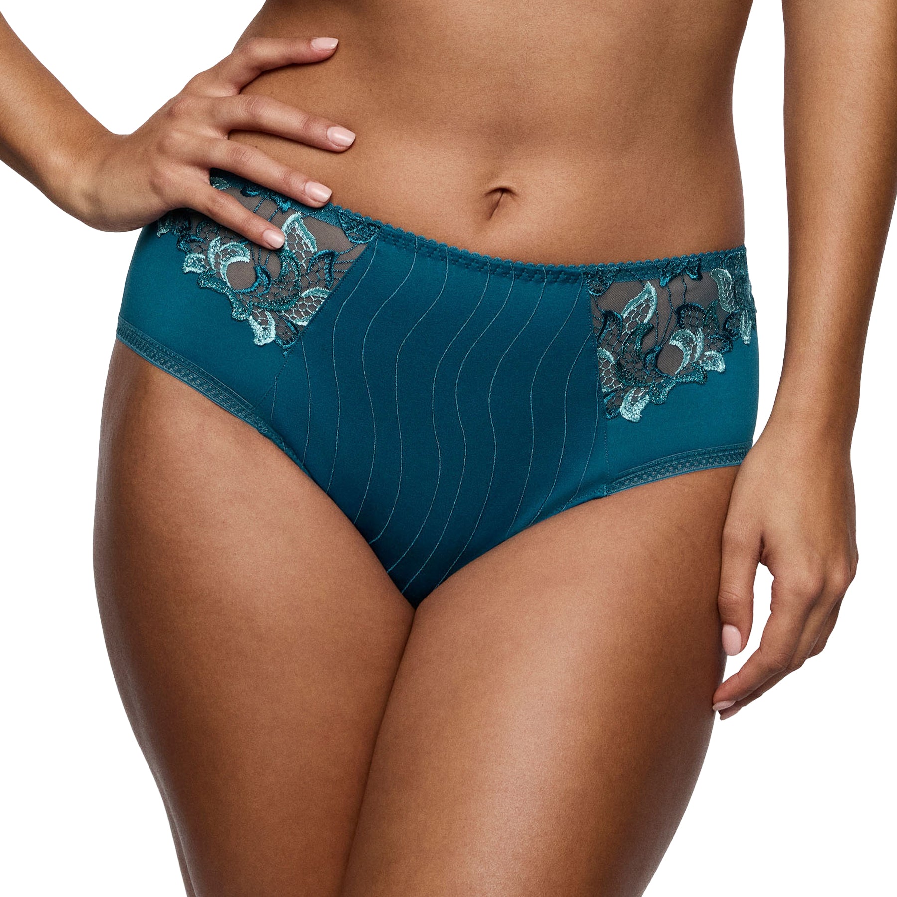 PrimaDonna Deauville full brief in Peacock blue on model, front view highlighting embroidered lace details