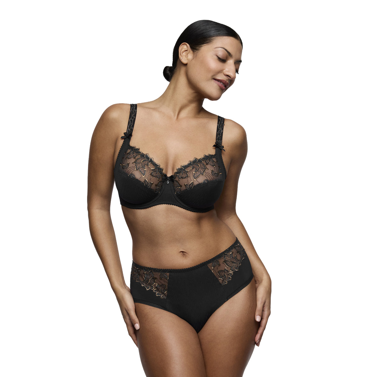 Model wearing PrimaDonna Deauville lingerie in Smokey Bronze with full cup bra and matching full brief