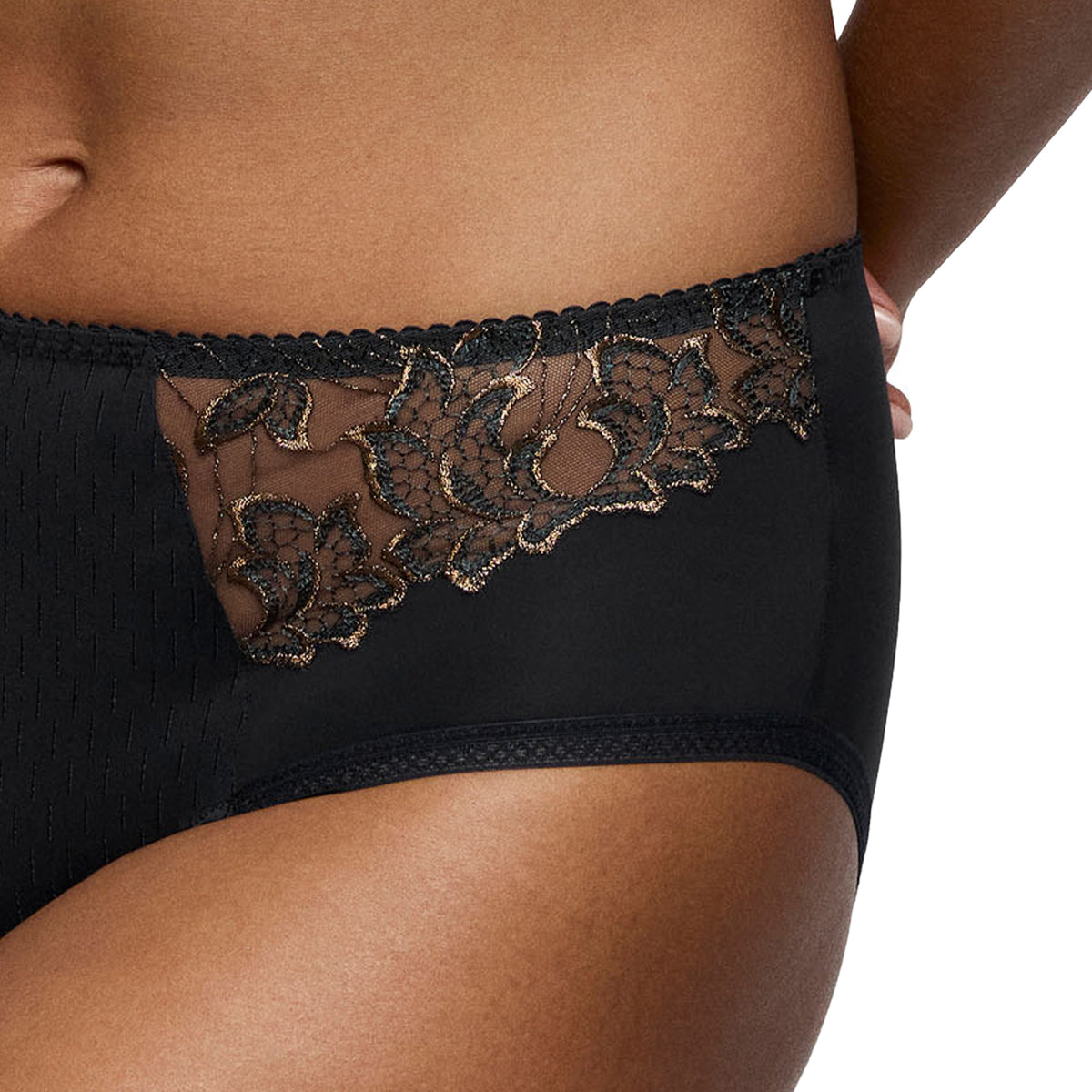 Close-up of PrimaDonna Deauville Full Brief in Smokey Bronze showing sheer floral embroidery with shimmering bronze details