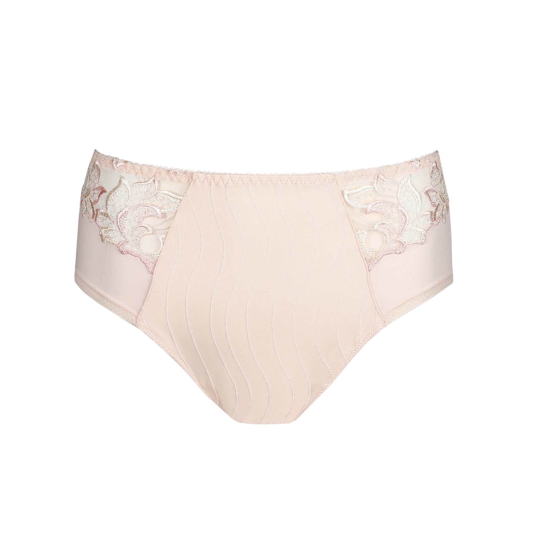 Product-only front view of a blush full brief with vertical seam detailing and floral lace accents at the sides.