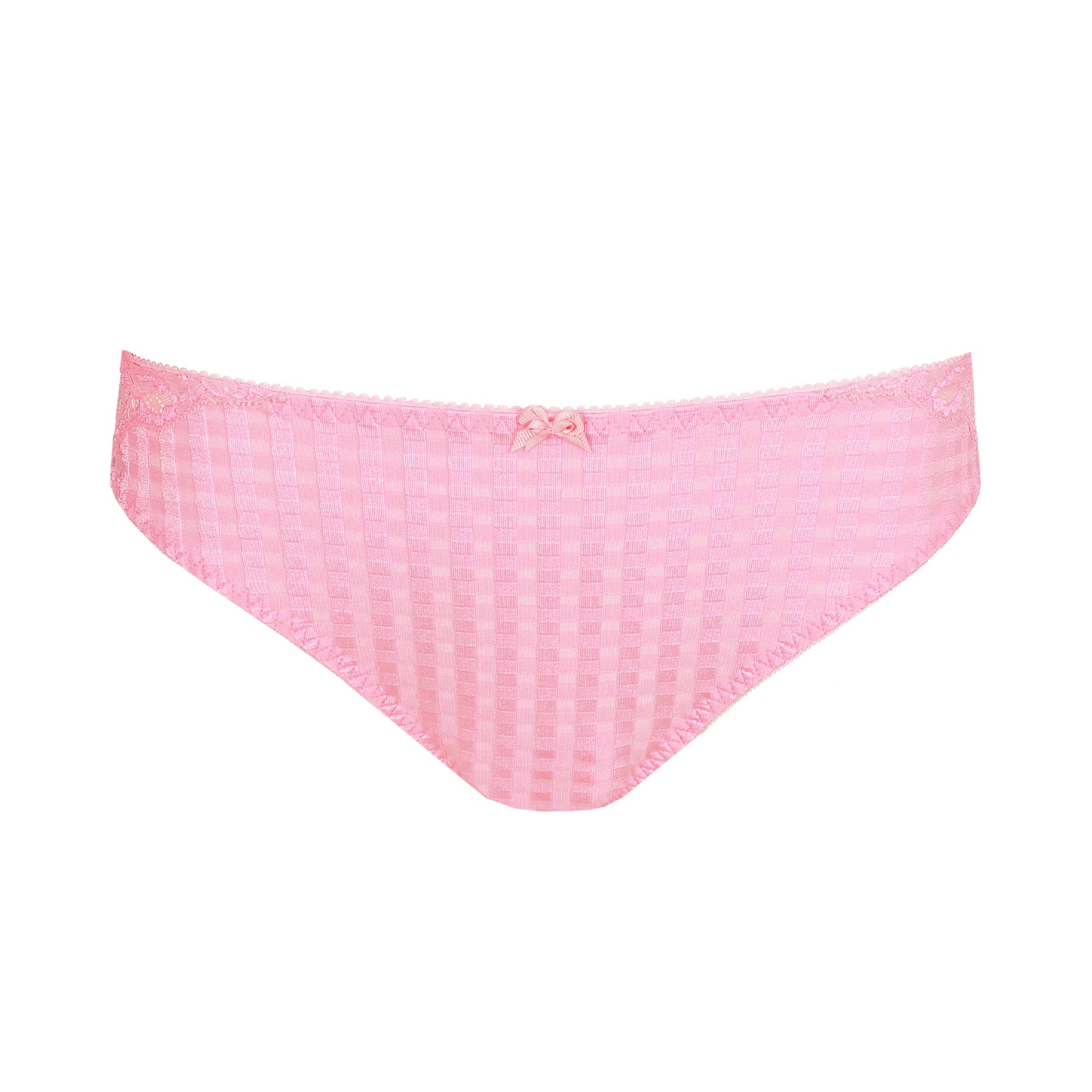 Pink bikini brief with check pattern fabric, lace trim, and small centre bow