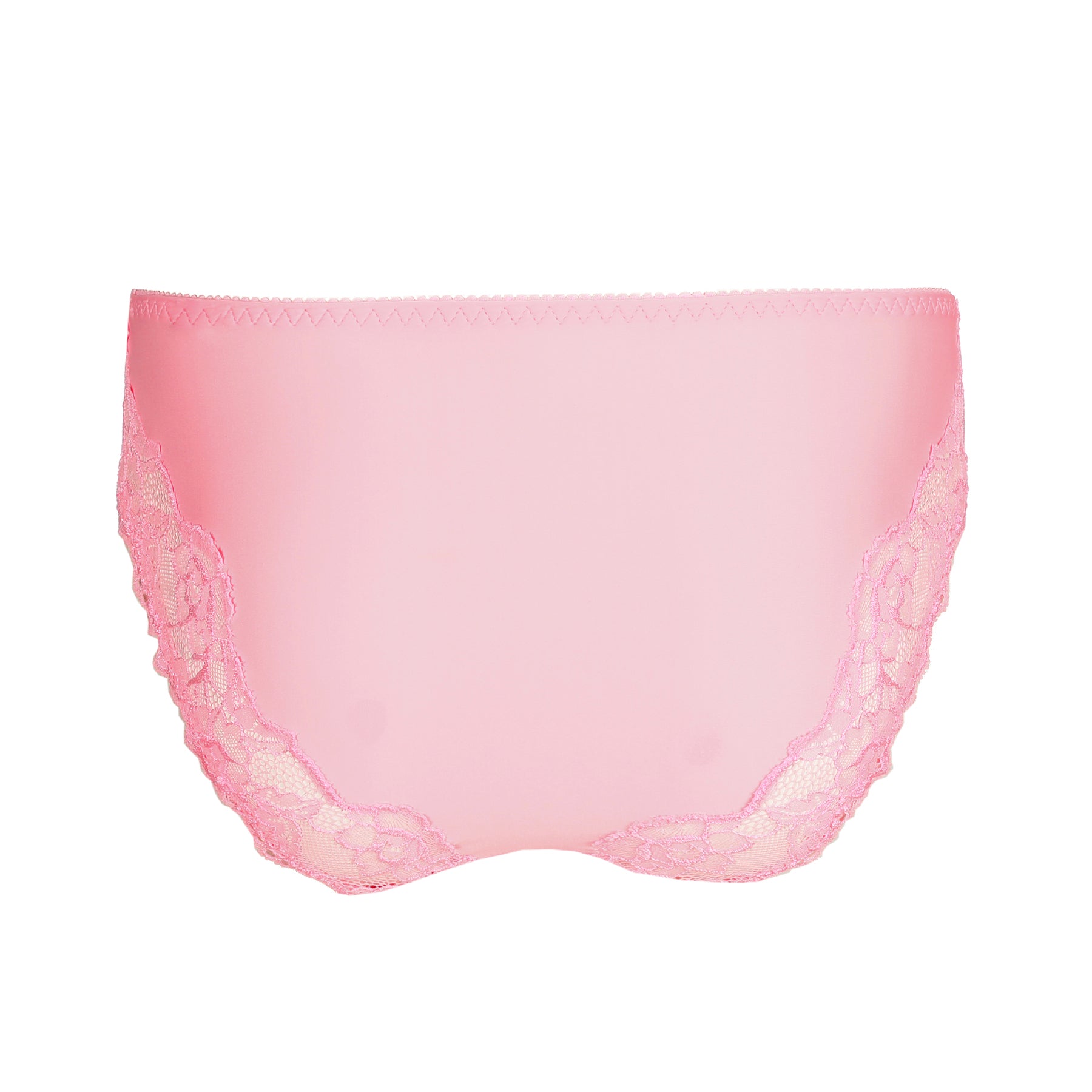 Back view of pink bikini brief with smooth fabric and floral lace side panels