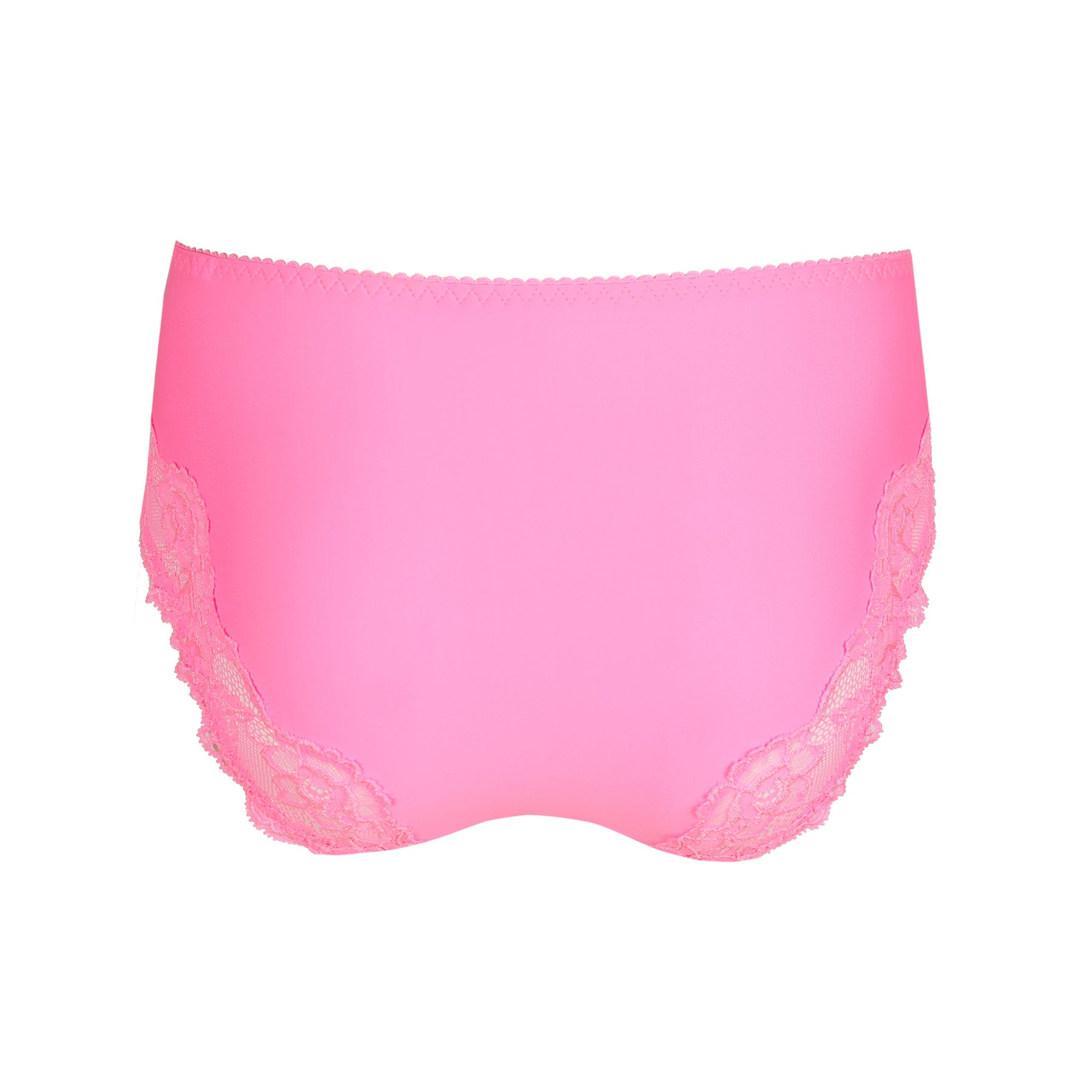 Product image of a high-waisted solid pink panty with floral lace panels on the sides.