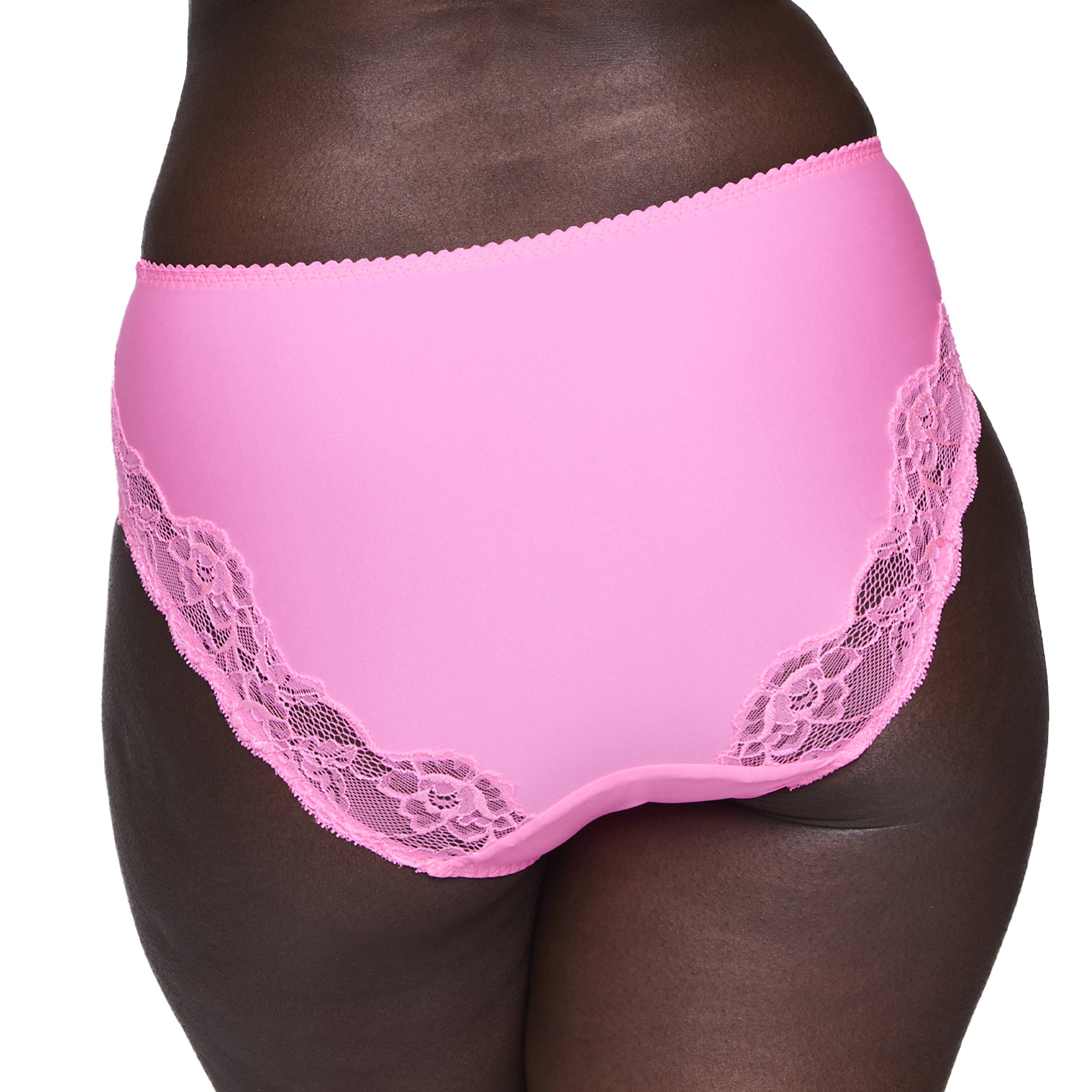 Rear view of the solid pink panty with lace embellishments on each side, modeled on a person.