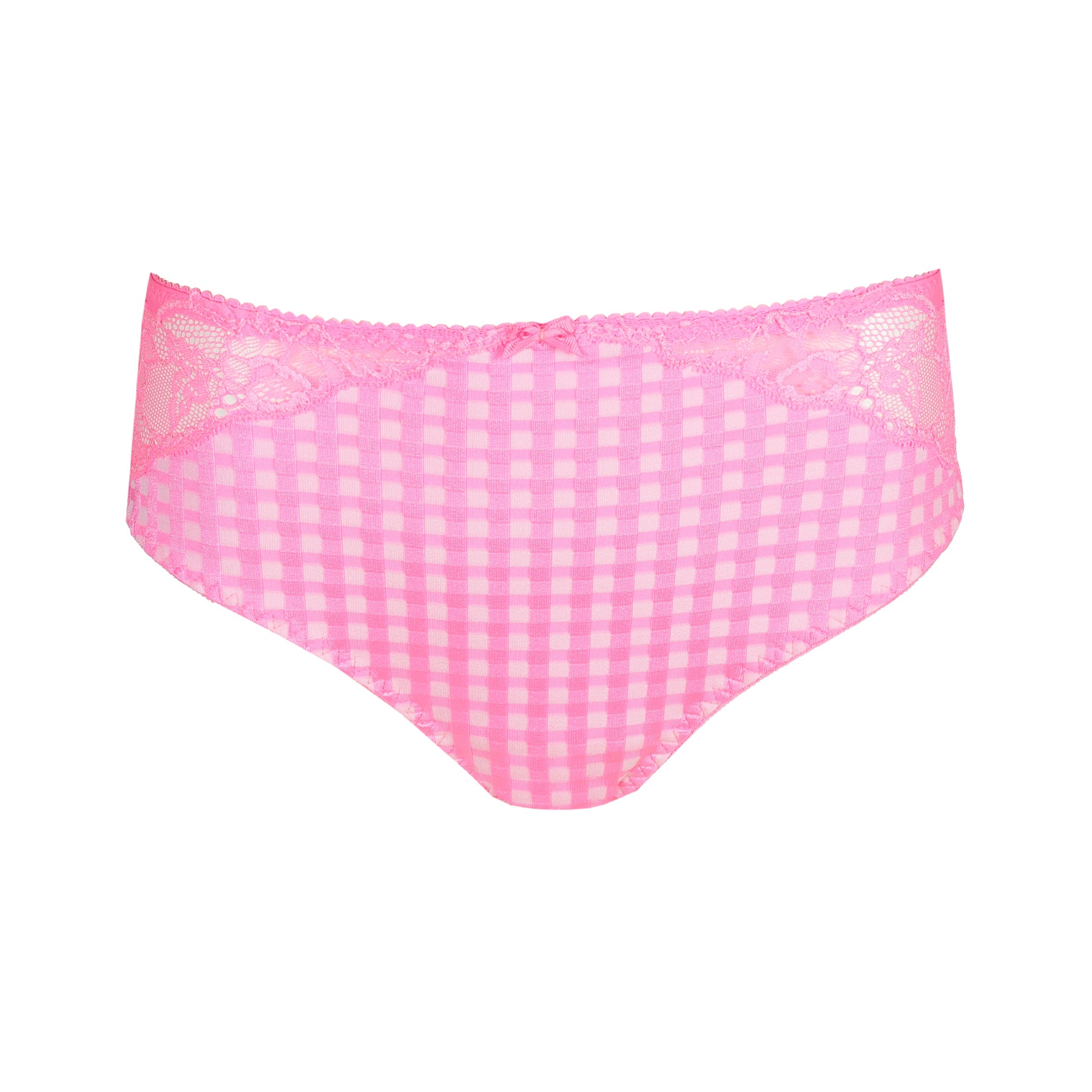 Product image of a pink gingham panty with lace overlay on the waistband and a small center bow.