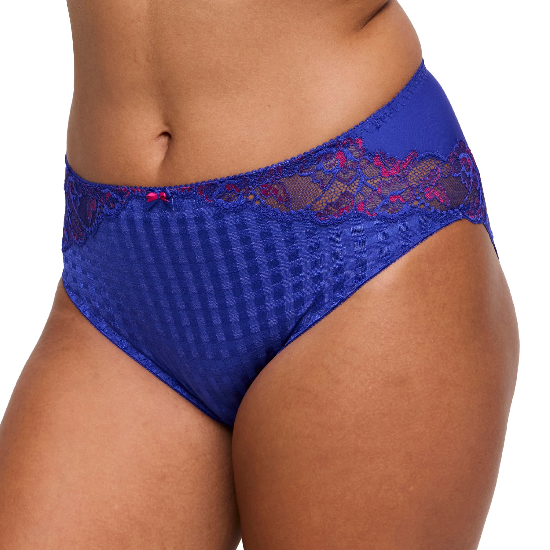 Side angle of blue full brief with floral lace and satin finish on model.