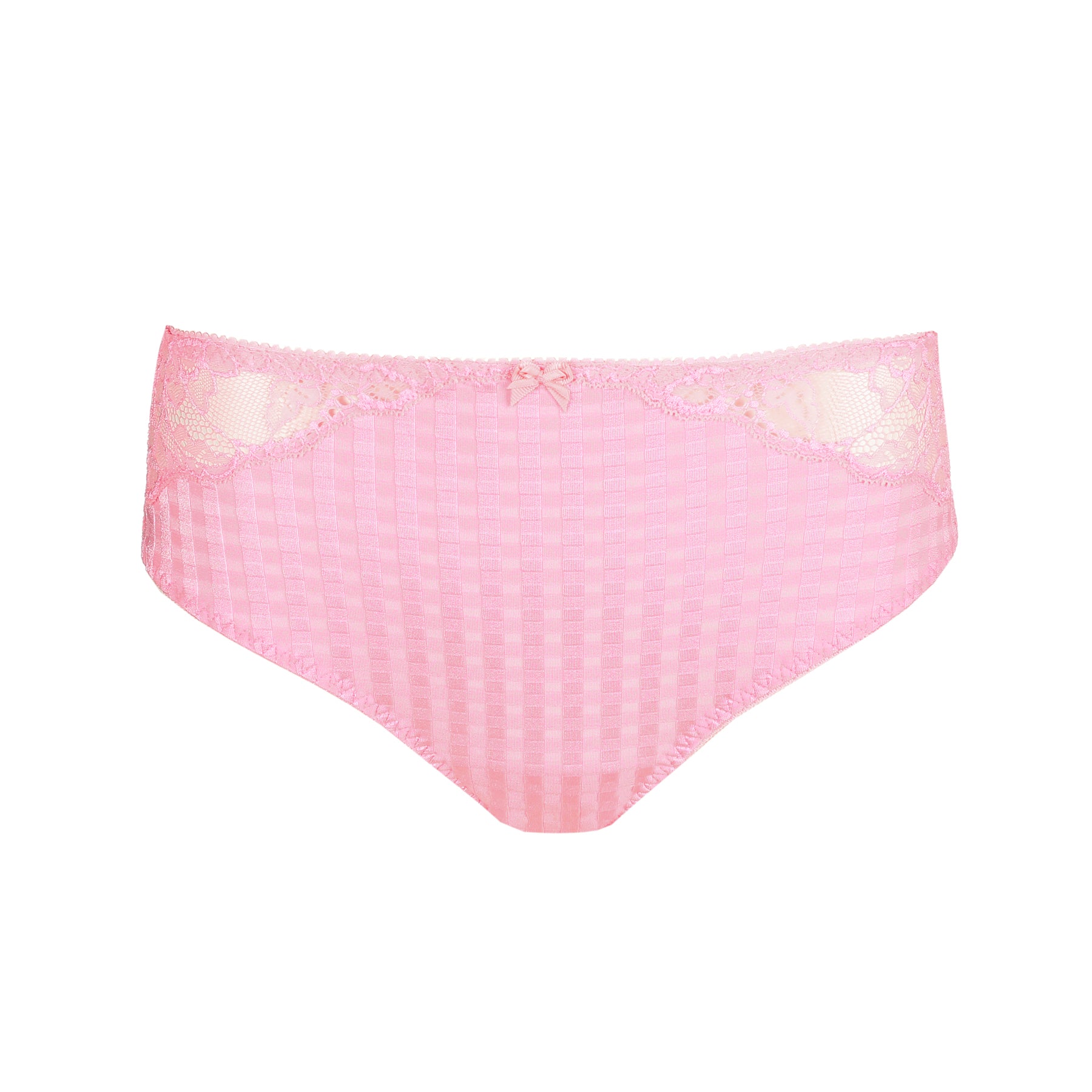 Pink high-waist brief with check pattern fabric, lace waistband, and small centre bow