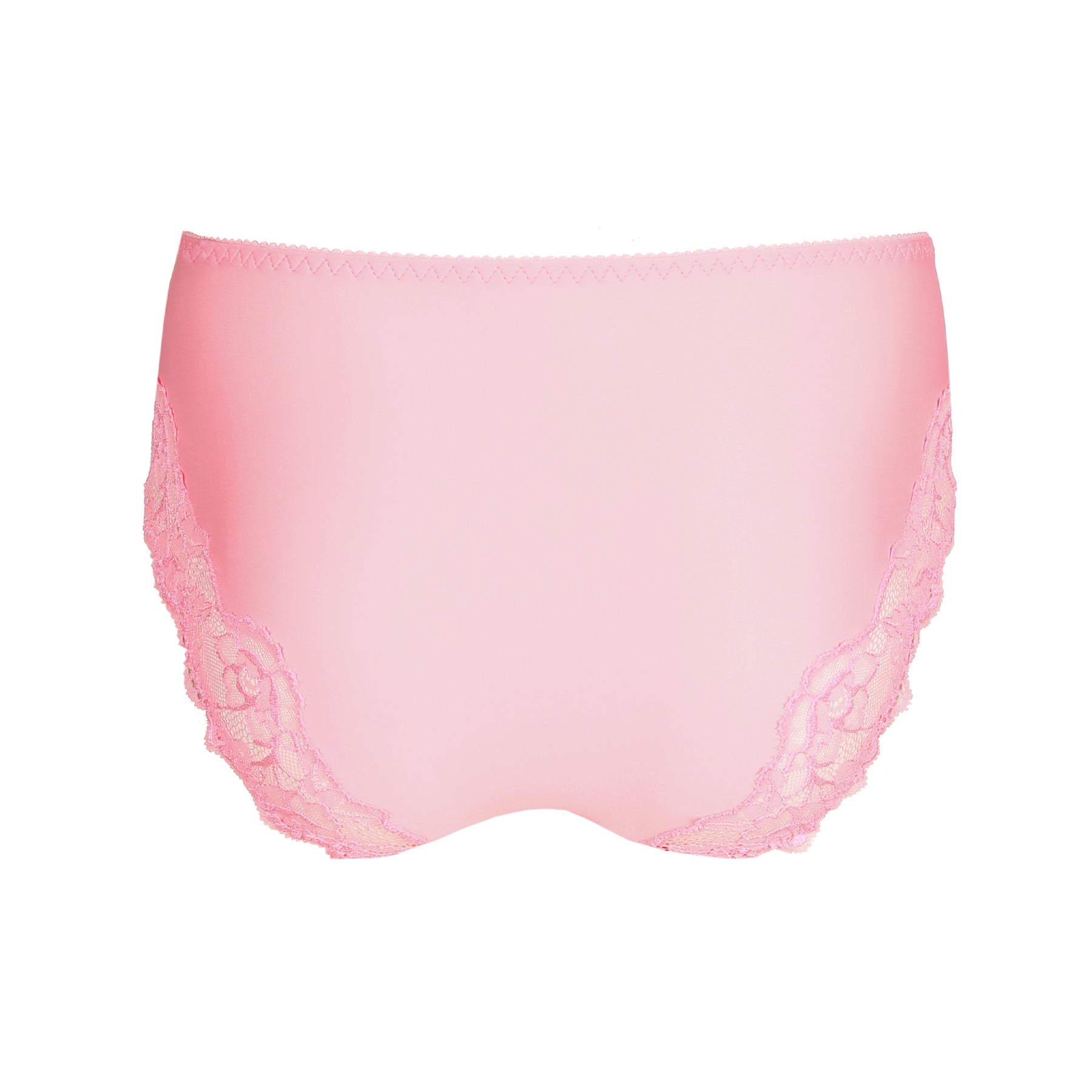 Back view of pink high-waist brief with smooth fabric and lace side panels