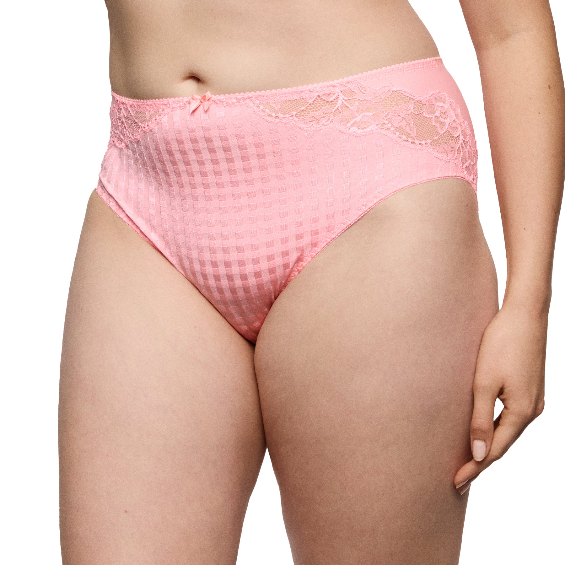 Side view of pink high-waist brief with textured check pattern and floral lace detailing