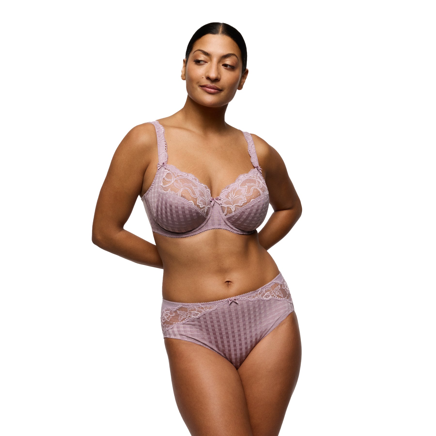 Front view of a mauve mid-rise brief laid flat on a white background, highlighting the subtle check texture, lace trim, and bow detail.