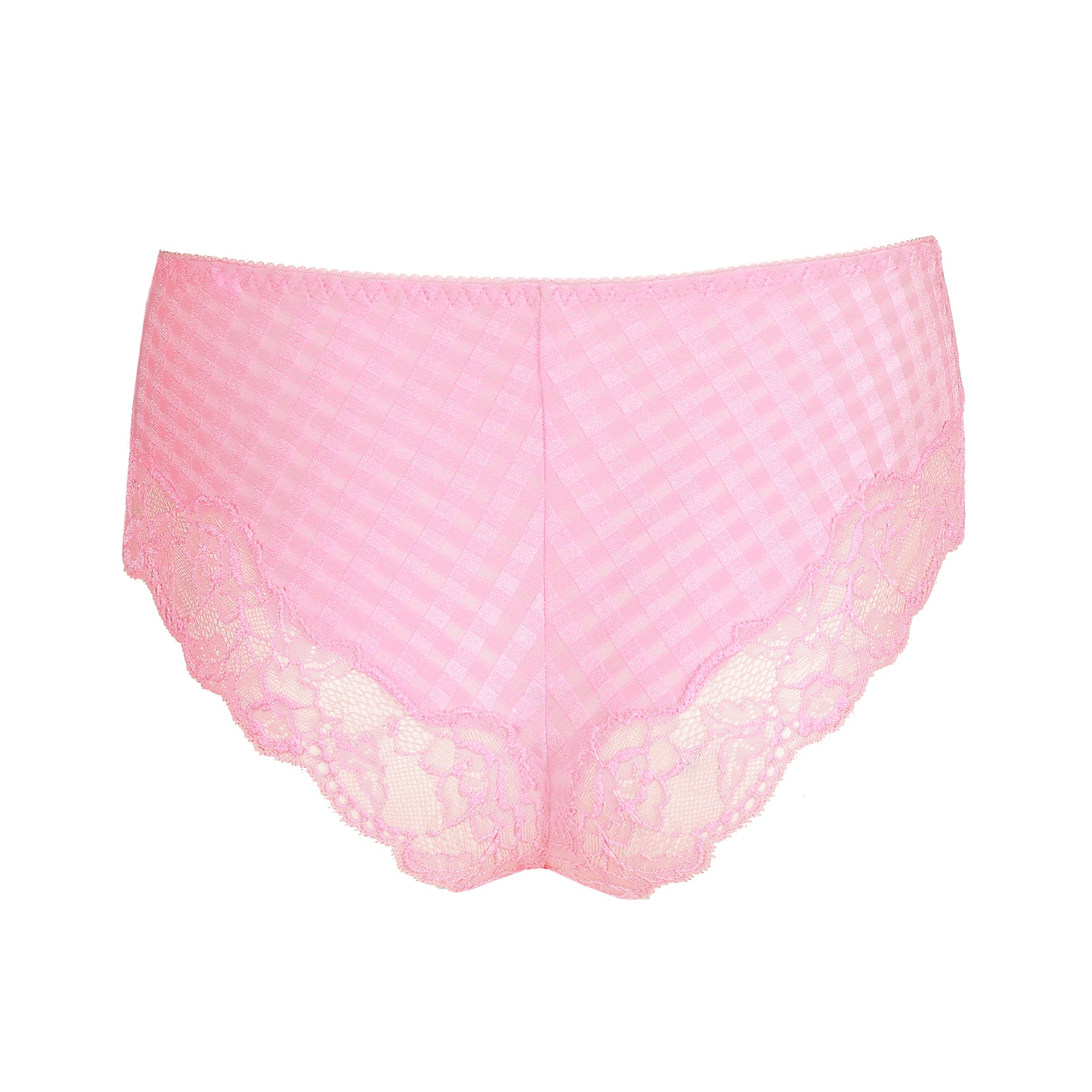 Pink lace-trimmed underwear on a white background