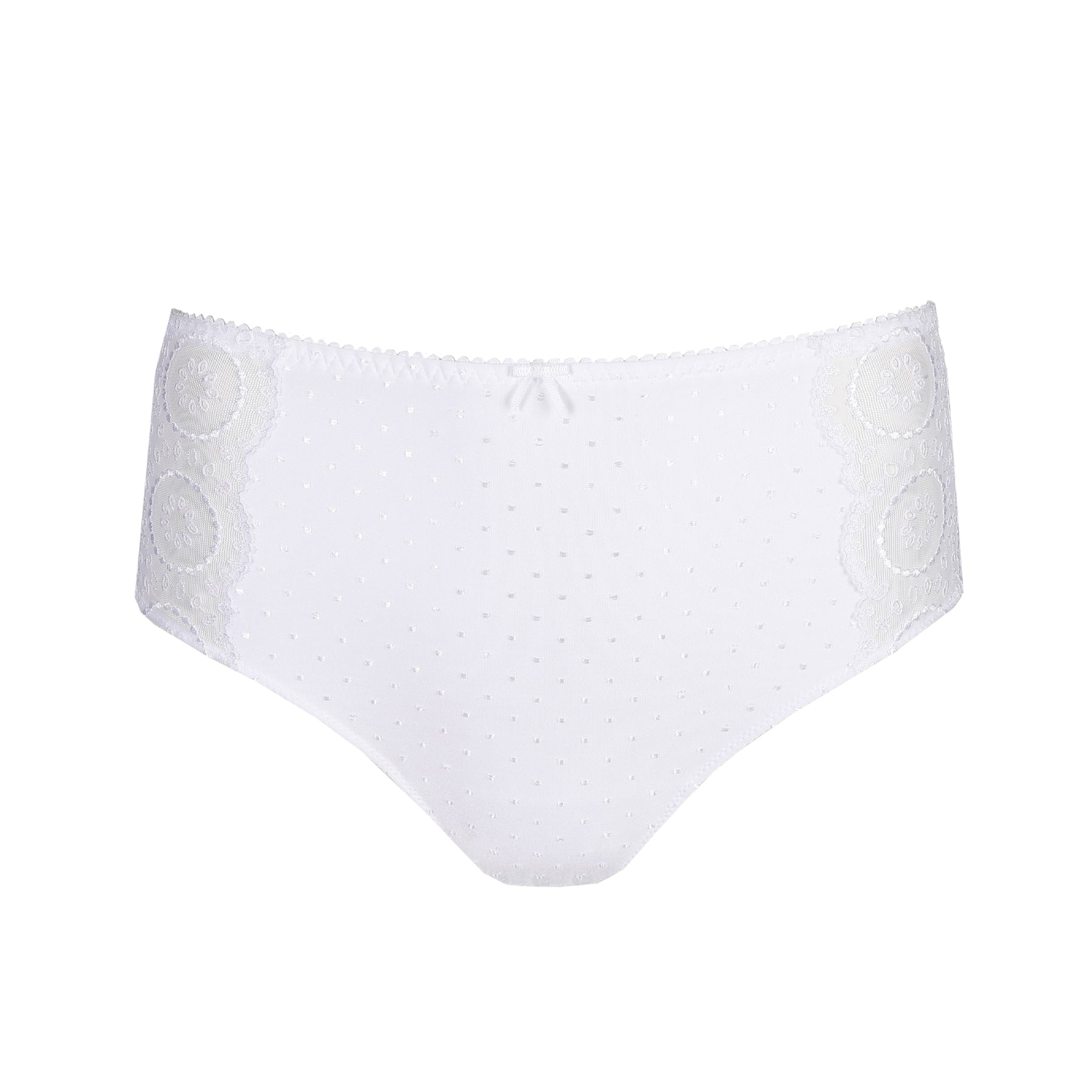 White full brief style 056-3311 flat lay showing floral lace side panels and subtle dotted texture.
