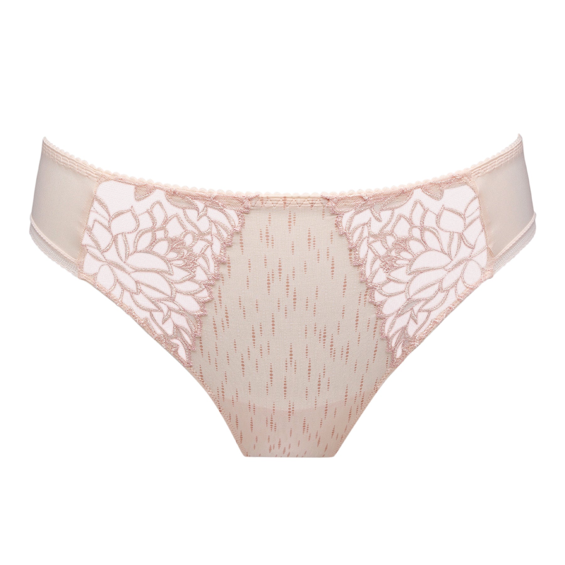 PrimaDonna Monterrey Rio Brief in Venus featuring delicate floral lace side panels, a subtle striped front panel, smooth microfiber sides, and comfortable mid-rise coverage.