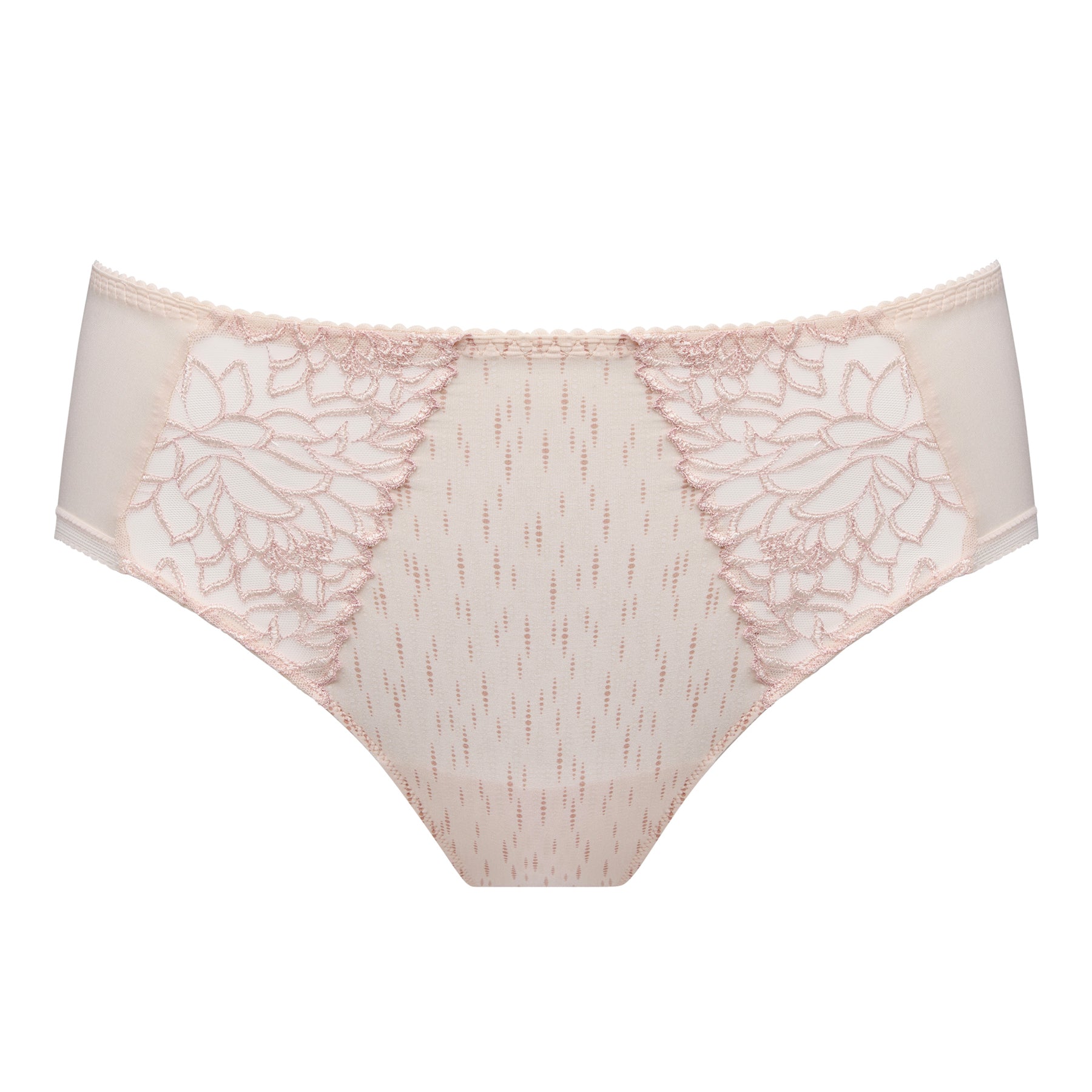 PrimaDonna Monterrey Full Brief in Venus featuring delicate floral lace side panels, a subtle striped front panel, smooth microfiber sides, and comfortable full-coverage support.